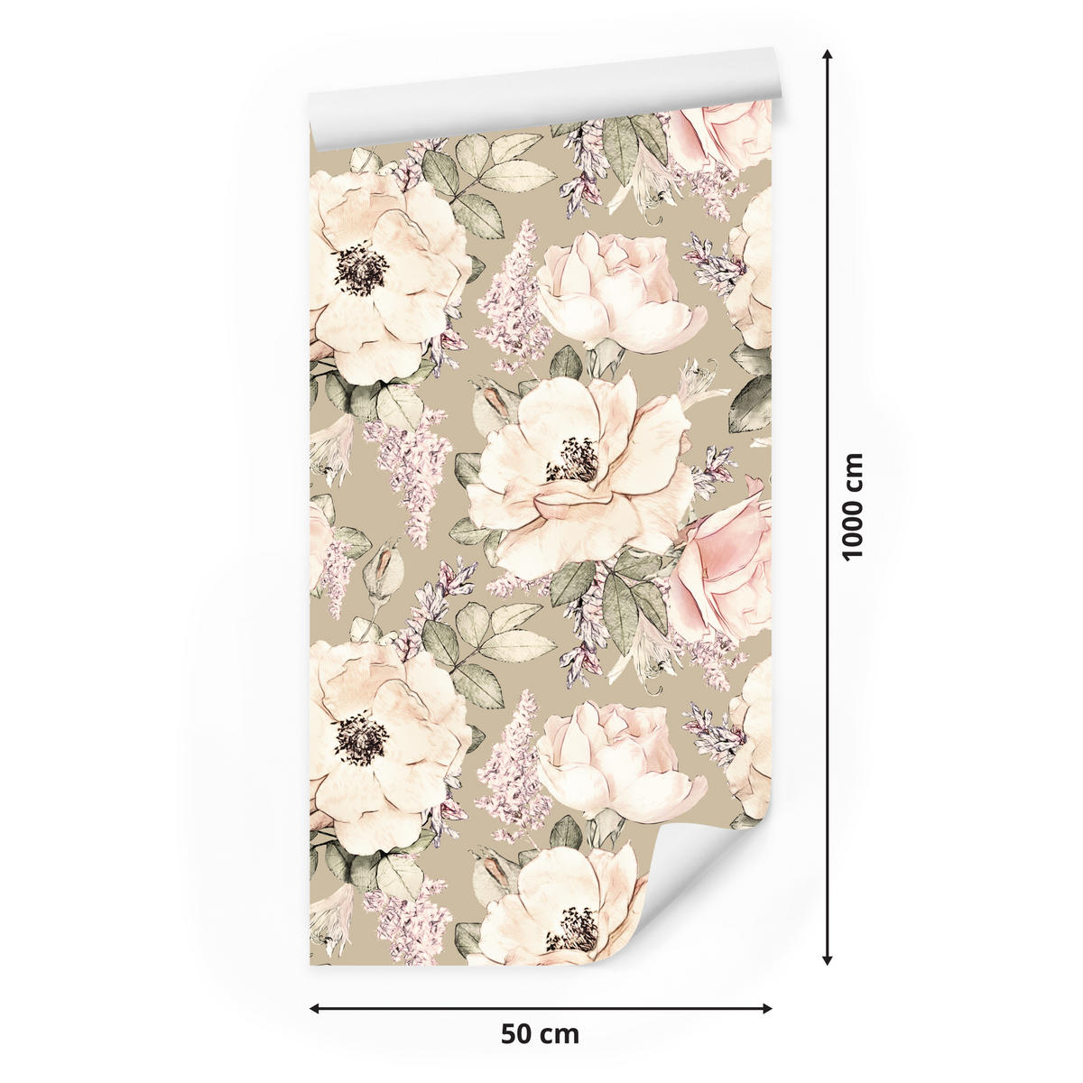 VLIESTAPETE Vintage-Rosen und Pfingstrosen – Rosa, Beige, Grün – 50x1000 cm - Beige/Rosa, Papier (50/1000cm) - Muralo
