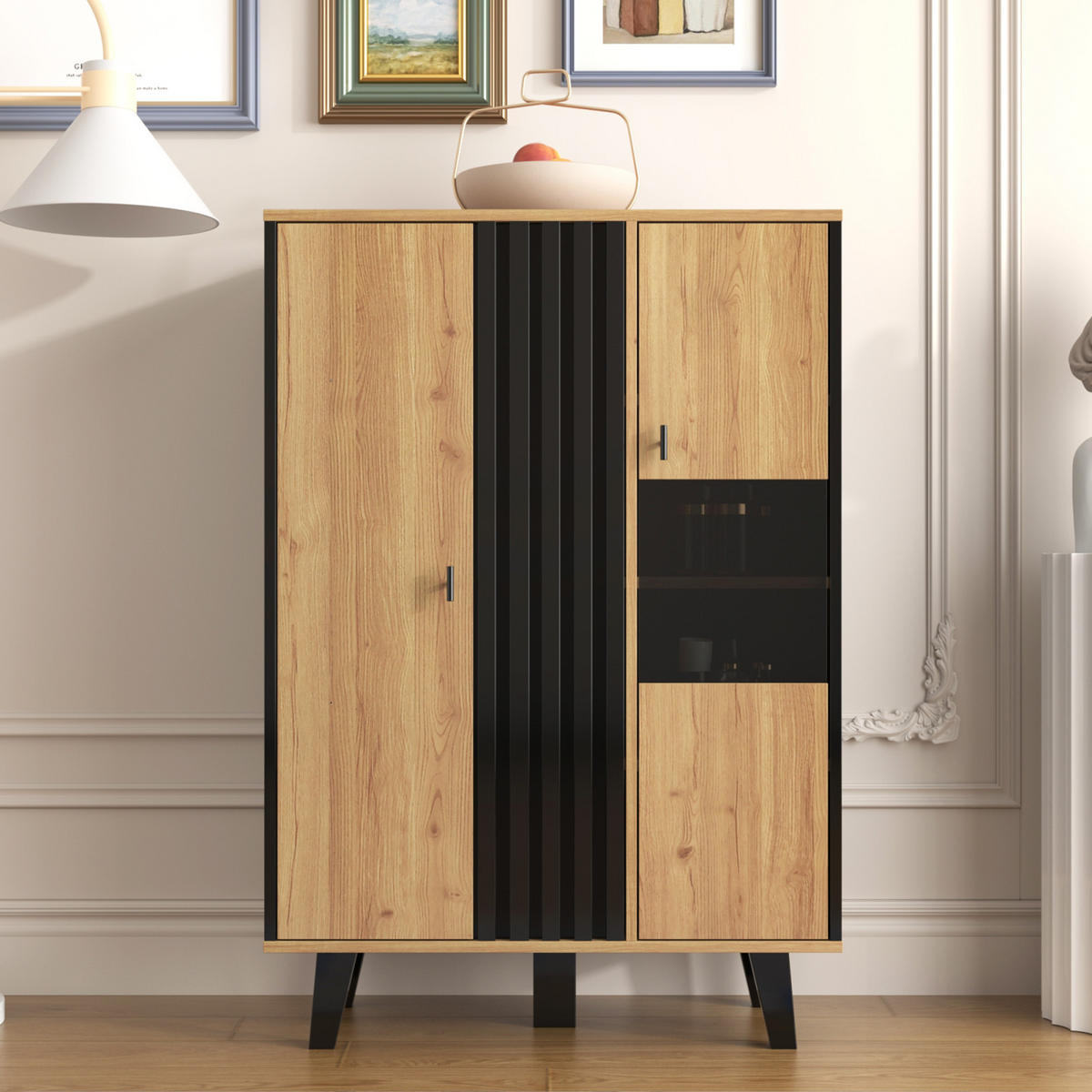 SIDEBOARD Schwarz-Holz, Glas, LED, Stauraum - Kastanienfarben, Holz (80/120/40cm)