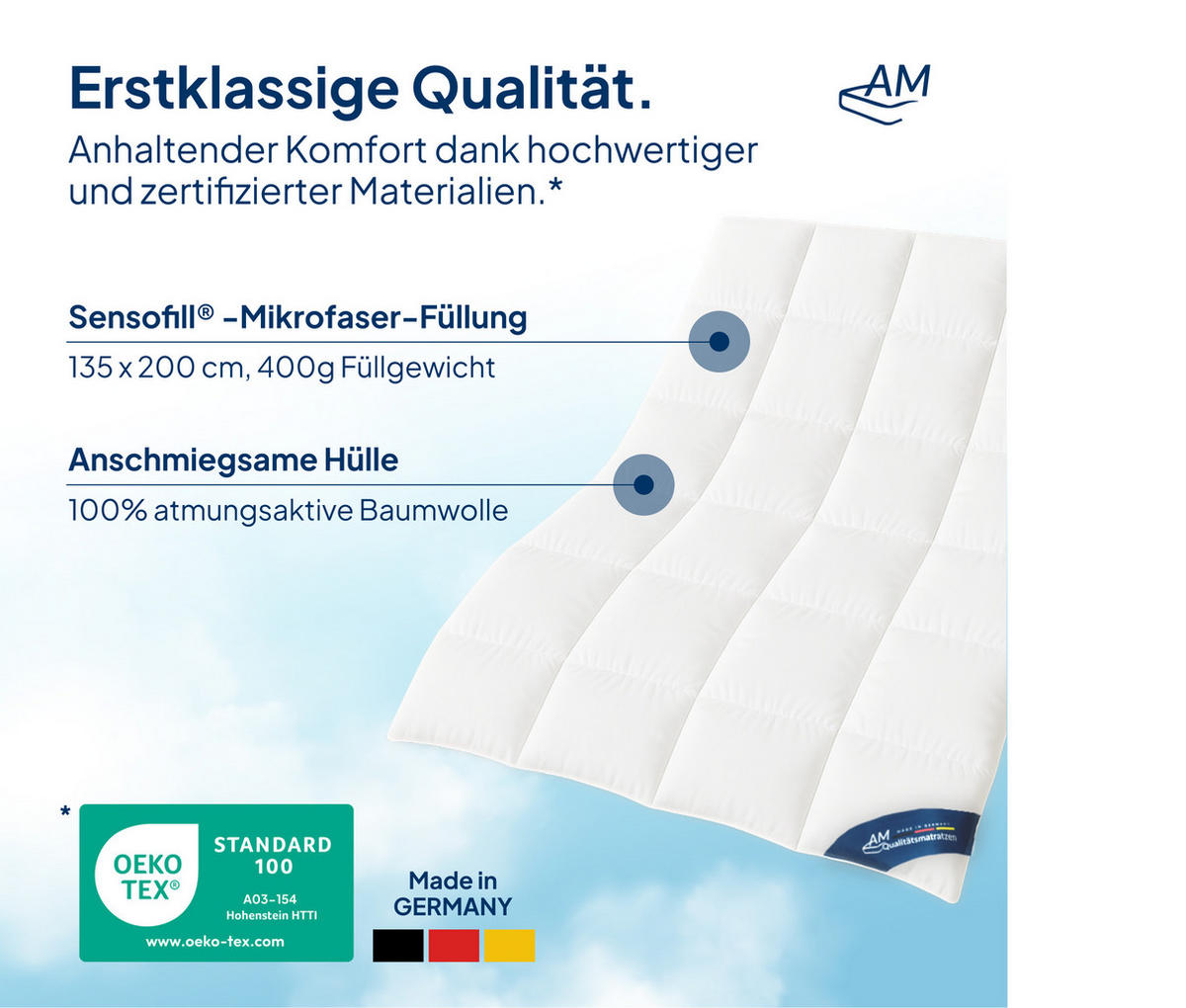 BETTDECKE Mikrofaser Sommer mit Sensofill Füllung Made in Germany 135x200cm - Weiß, Textil (135/200cm) - AM Qualitätsmatratzen