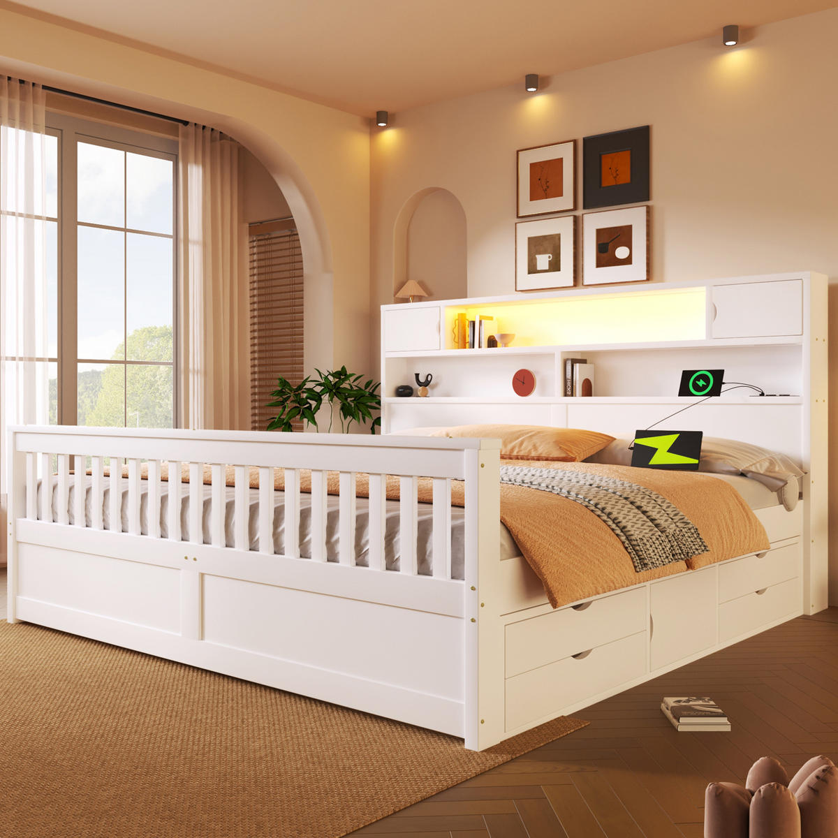 POSTEĽ 180/200 cm biela z MDF a preglejky s LED čelom, policami, USB a 4 zásuvkami - biela, kompozitné drevo (180/200cm) - OKWISH