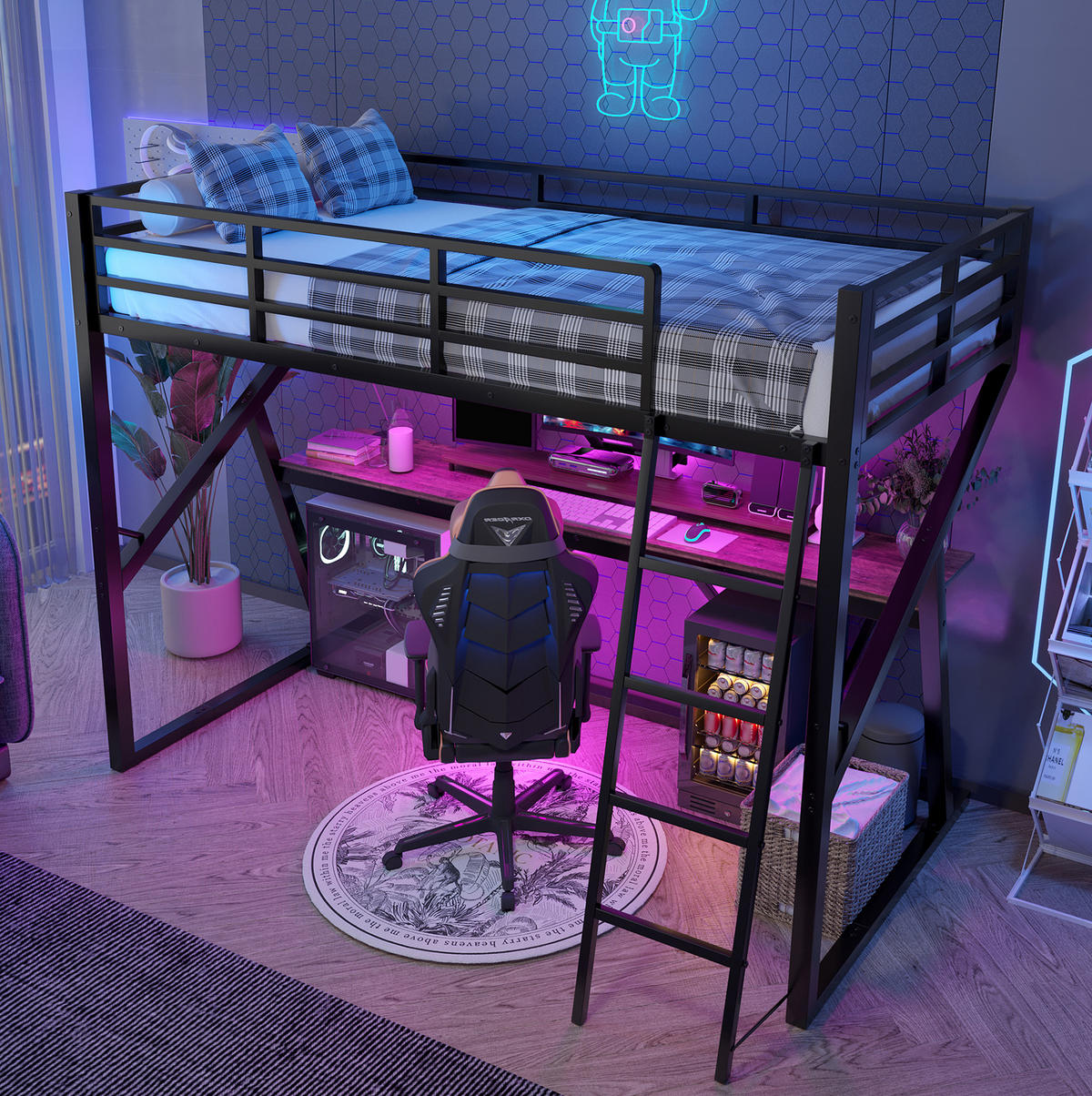 HOCHBETT 90/200 cm aus Metall mit Schreibtisch, LED, Schwarz - Schwarz, Metall (90/200cm) - OKMYHOME