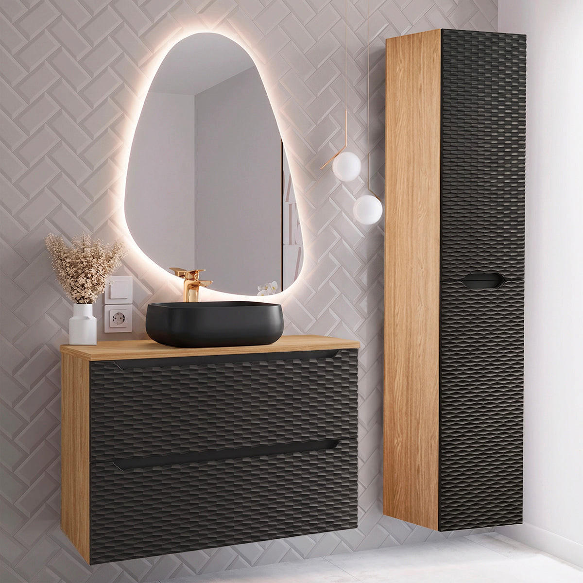 KOUPELNOVÝ NÁBYTEK 80cm Elora 2er-Set Černá a dřevěná - černá, kompozitní dřevo (80/59/46cm) - Petits-meubles