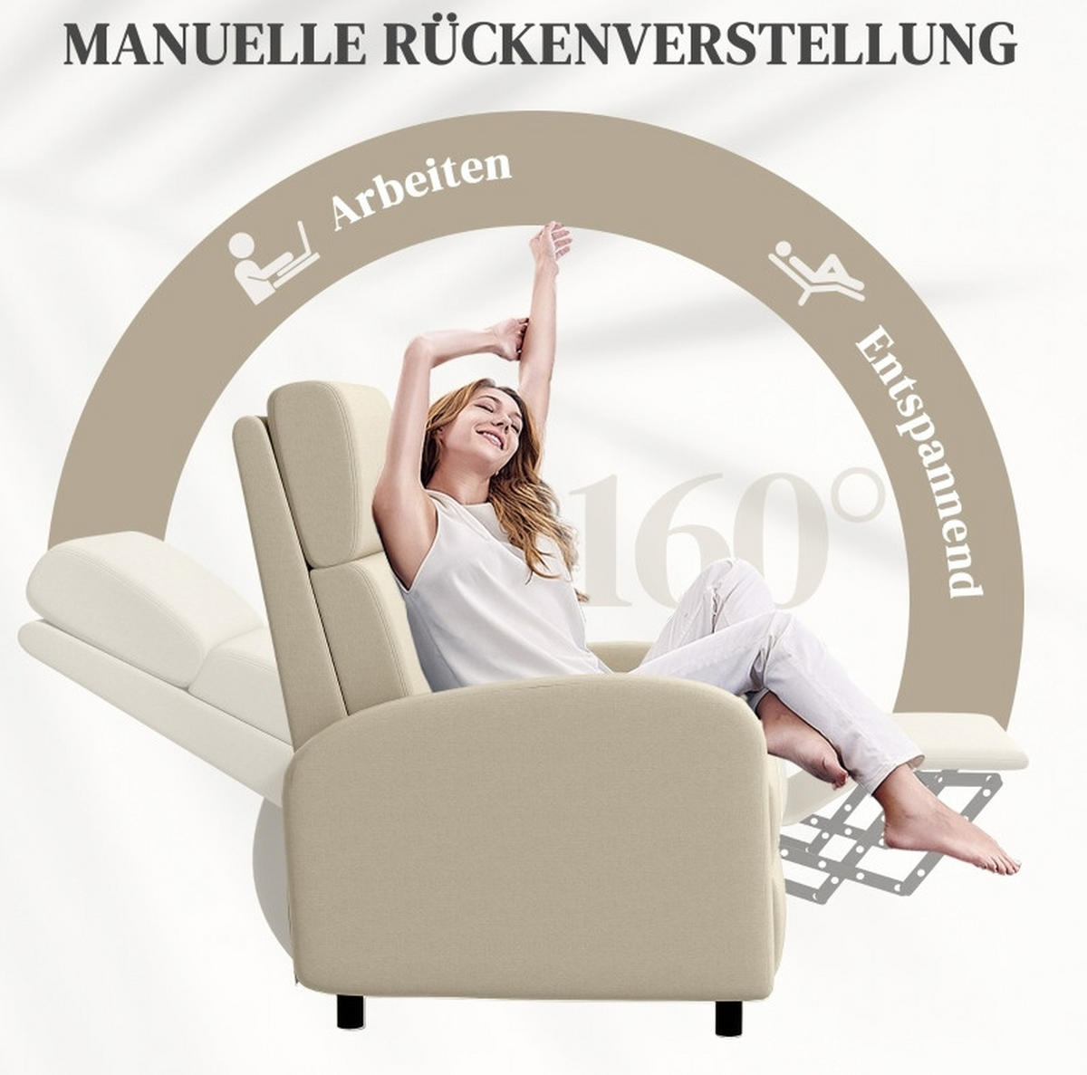 RELAXSESSEL in Cremeweiß 64x86x102 cm mit Liegefunktion und Fußstütze - Creme, Textil (86/102/64cm) - IVMEU