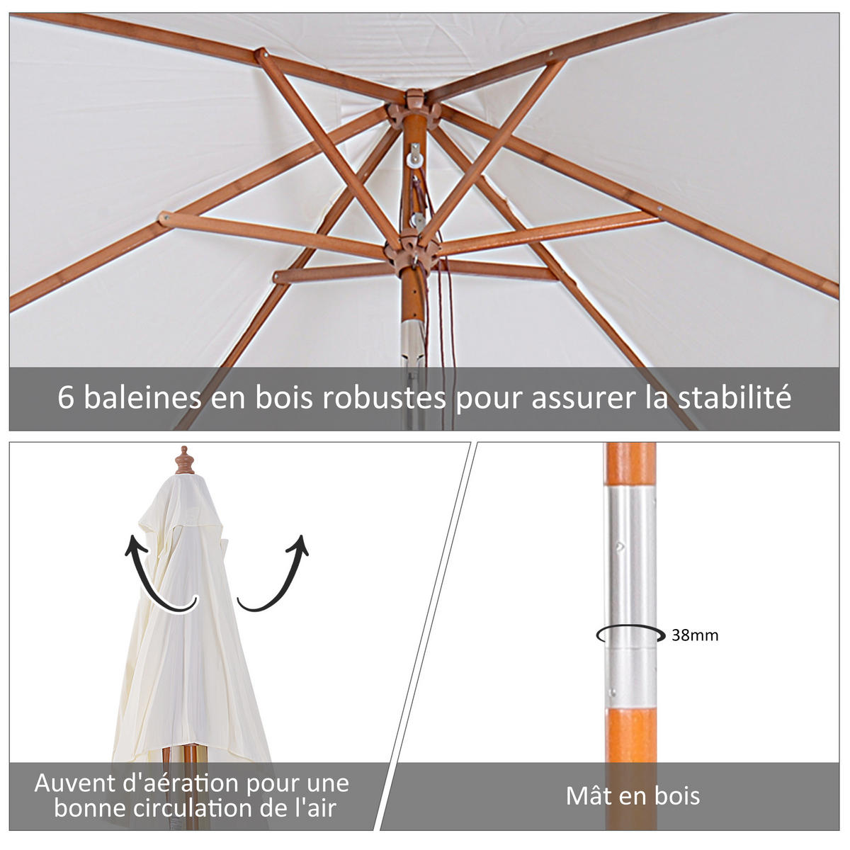 SONNENSCHIRM DE-11377 rechteckig, neigbar, Holz Creme - Creme, Holzwerkstoff (150/200cm) - ComfortXL