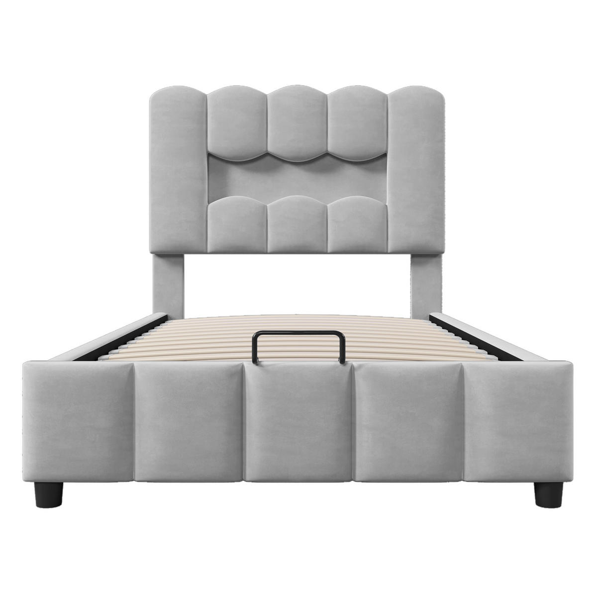 POLSTERBETT 90/200 cm Grau mit Hydraulik und LED-Beleuchtung - Grau, Textil (90/200cm) - OKWISH
