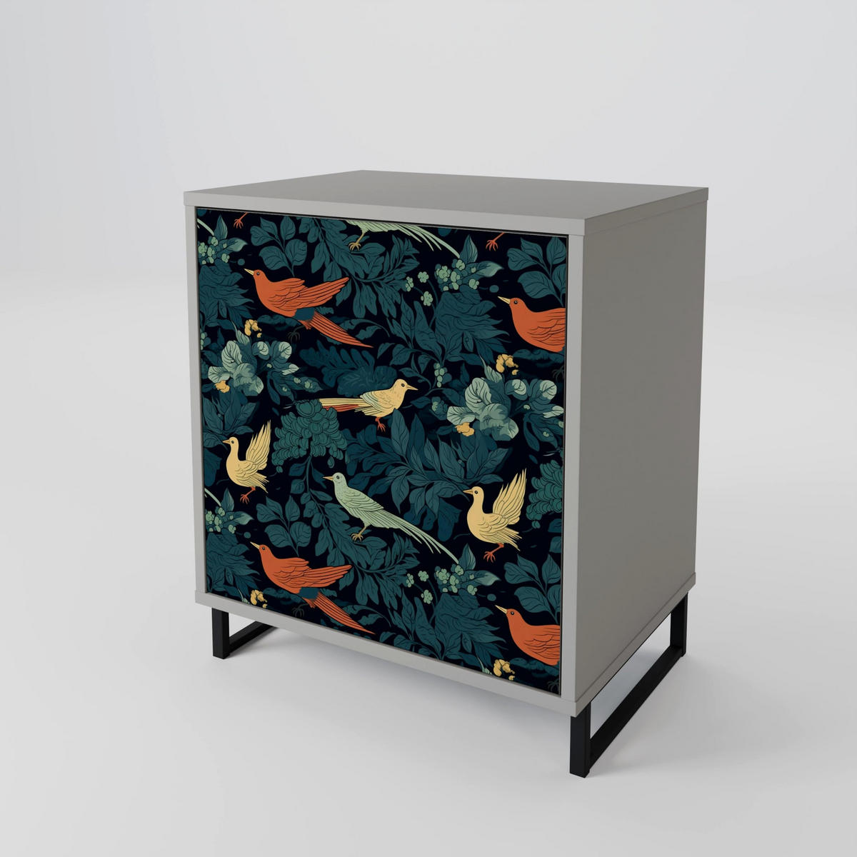 SIDEBOARD FOWL ORNAMENT, Grau, 57,5x42x77,5 cm, Schräge Buchenholzfüße - Buchefarben/Multicolor, Holzwerkstoff/Buchenholz (57.5/77.5/42cm) - SpaceRebels