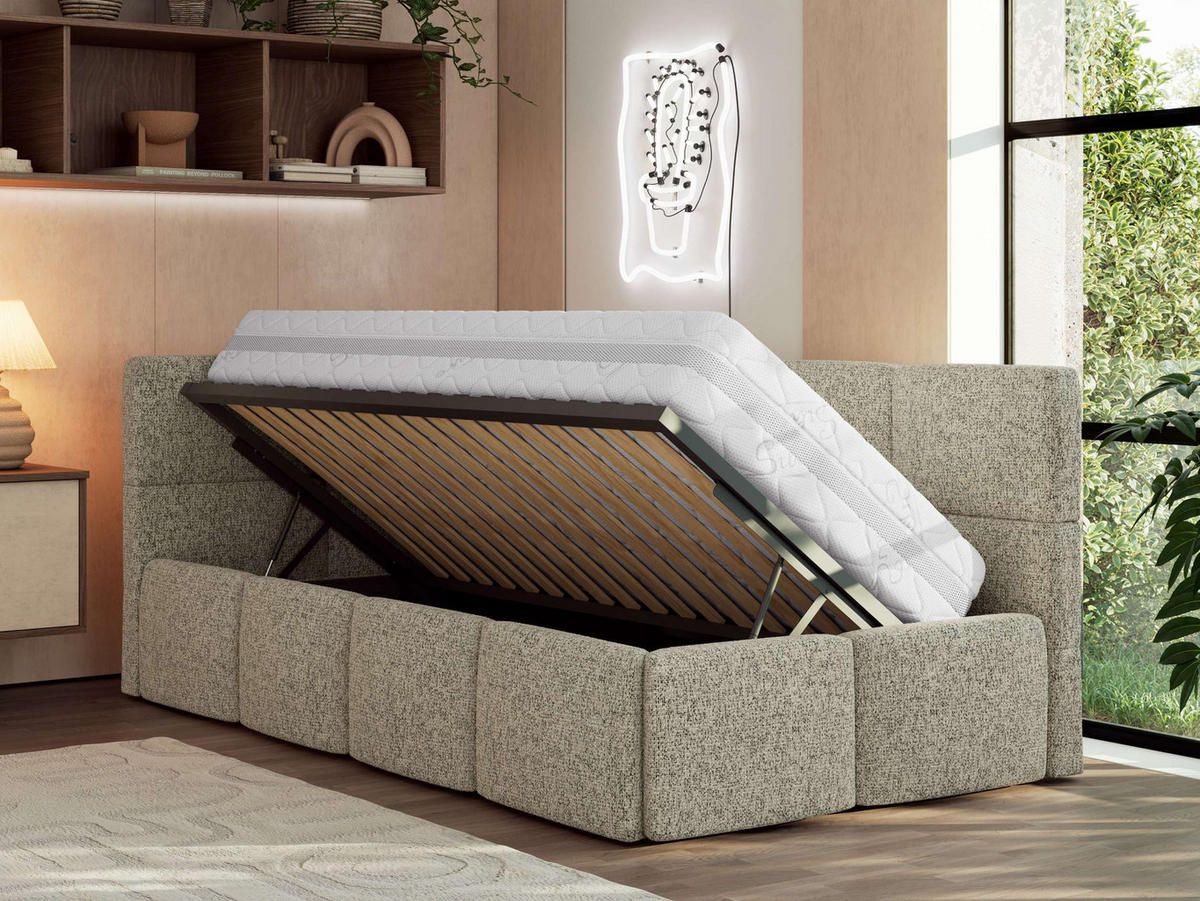 JUGENDBETT ARVO 90/200 - Dunkelbeige Strukture - Pocket-Matratze - Links Seite - Bronzefarben, Textil (90/200cm) - MKS