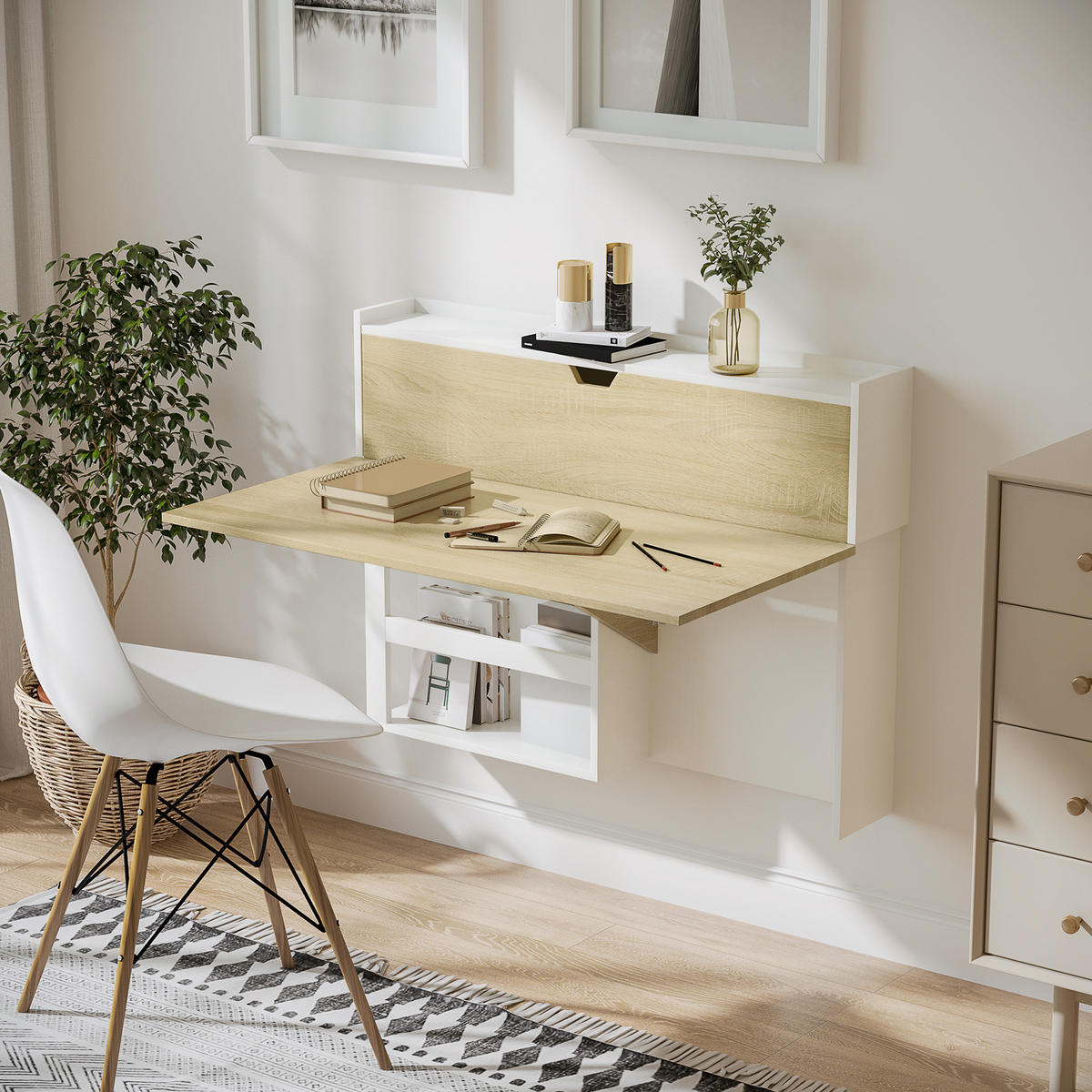 SCHREIBTISCH DE-14906 klappbar mit Schrank & Regal Naturholz - Naturfarben, Holzwerkstoff (100/18/74cm) - ComfortXL