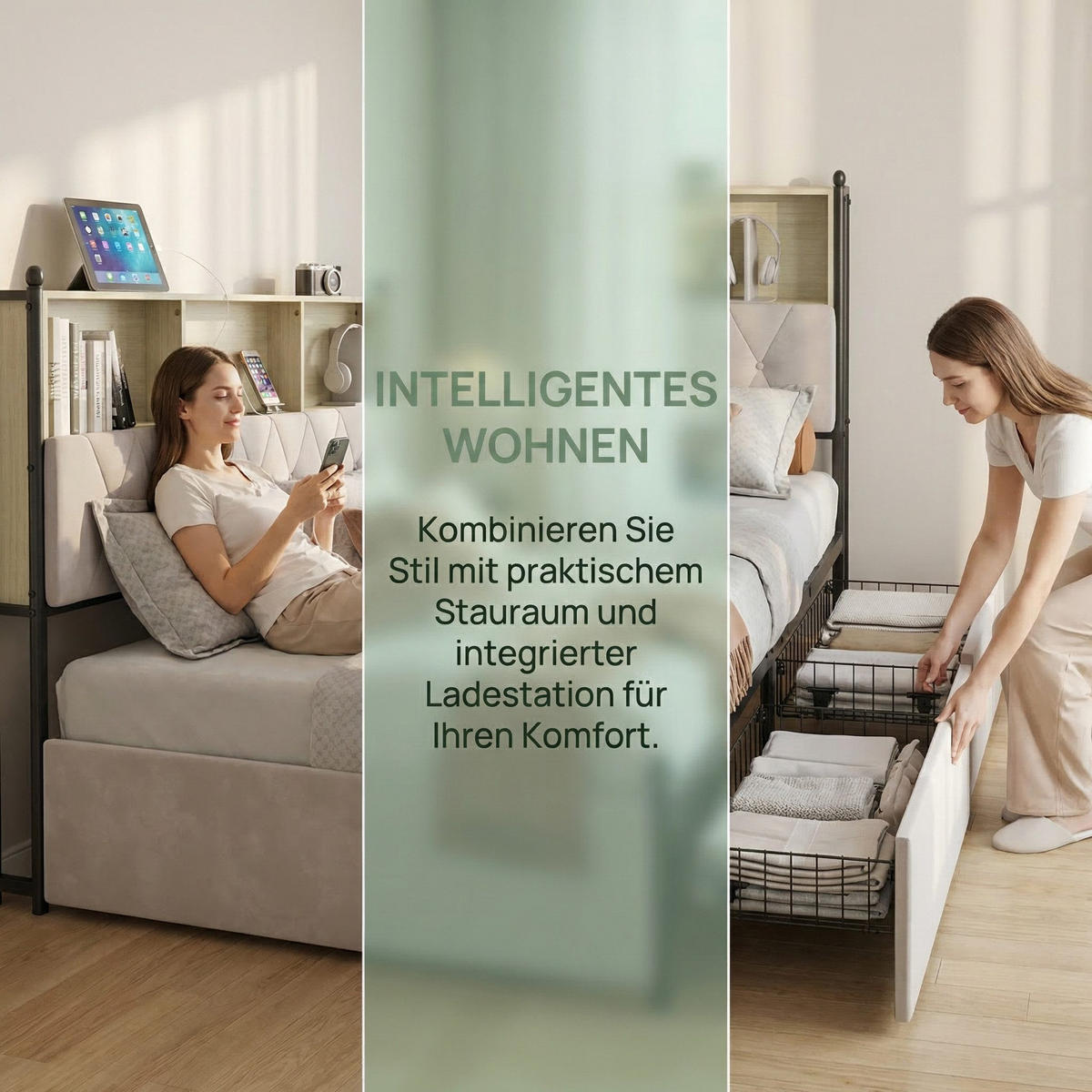 BETT 180x200cm beige samt led usb typ-c unterbettstauraum - Beige, Metall - SHOPENTRA