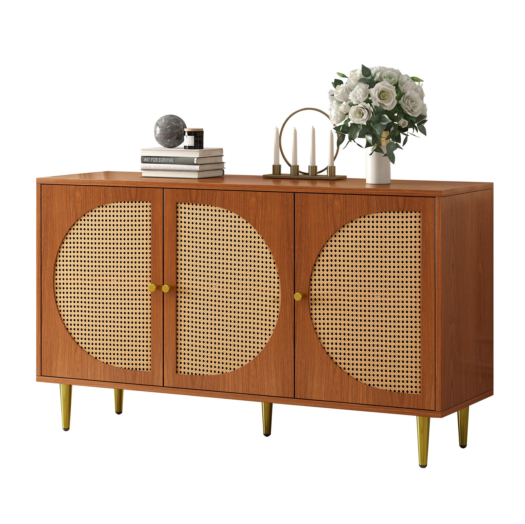 SIDEBOARD 129,8/40/76 cm in Walnuss mit Rattanfront und 3 Türen - Walnussfarben, Holzwerkstoff (129.8/76/40cm) - Flora Grace