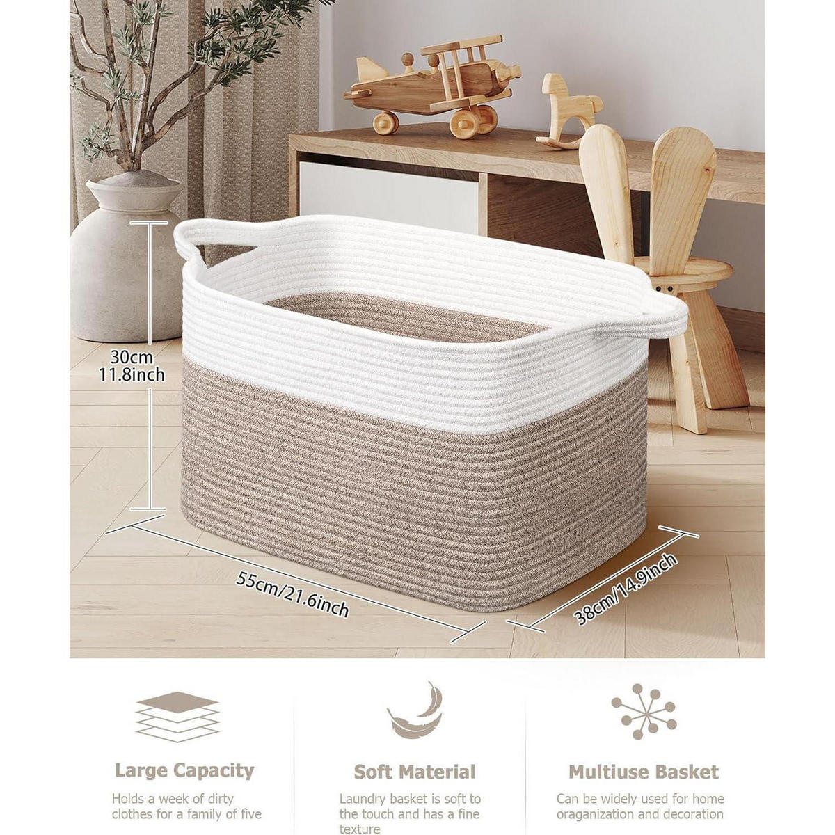 WÄSCHEKORB 2-teiliges Set Baumwolle 63 L Weiß & Braun - Multicolor, Textil (38/30/55cm)