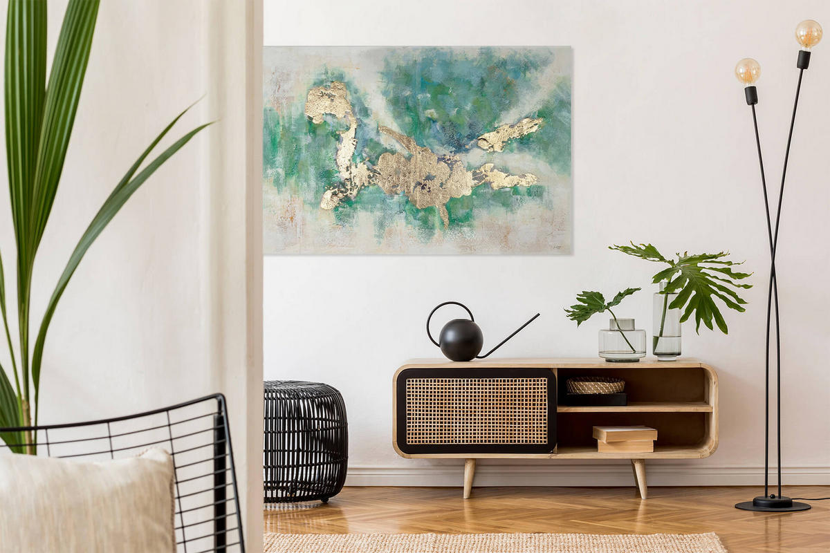 ÖLGEMÄLDE 120/80 cm - Türkis/Goldfarben, Holz/Textil (120/80cm) - KUNSTLOFT