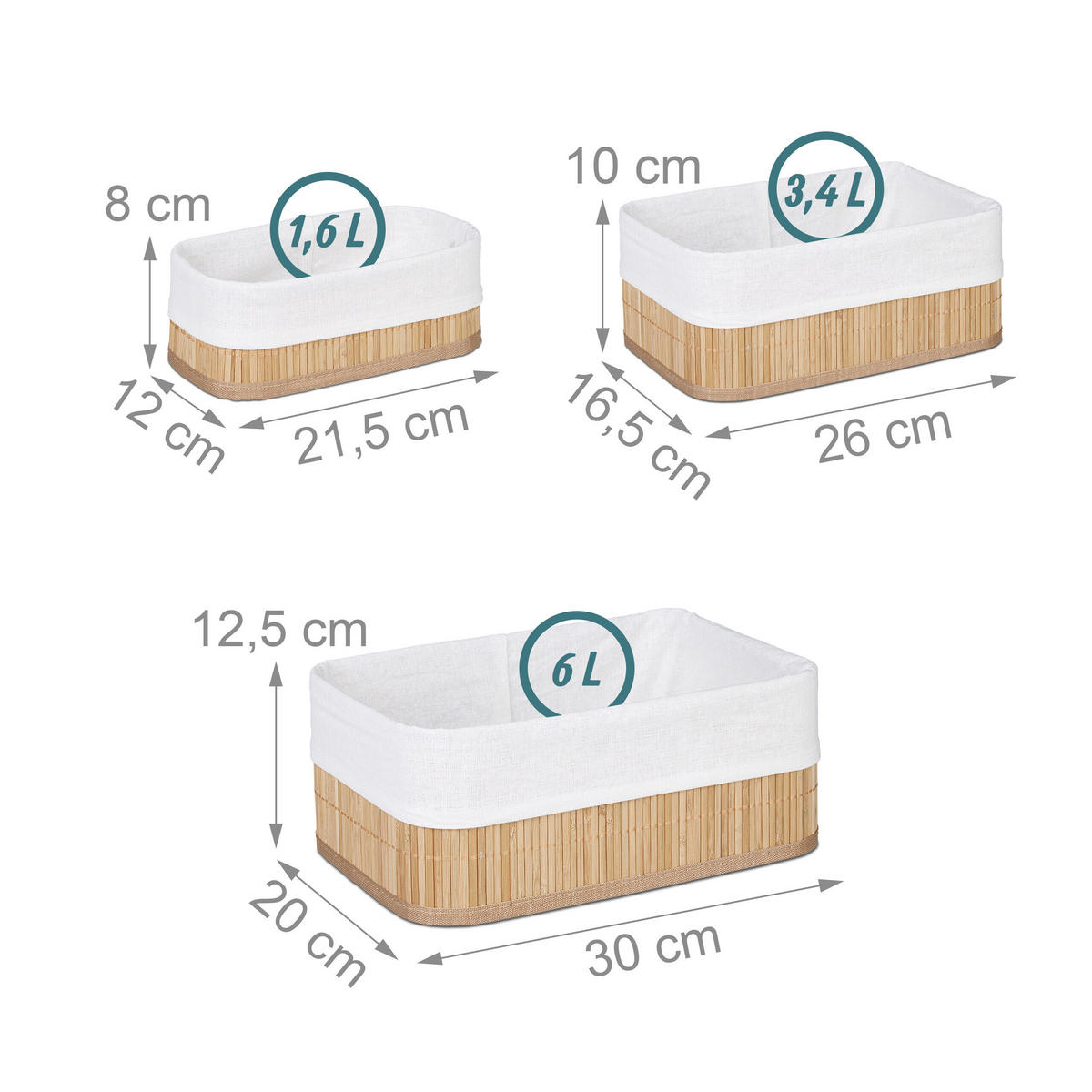 KOŠARA Naravna 3-delni-Set bambus - svetlo rjava, leseni material/tekstil (30/12.5/20cm) - Relaxdays