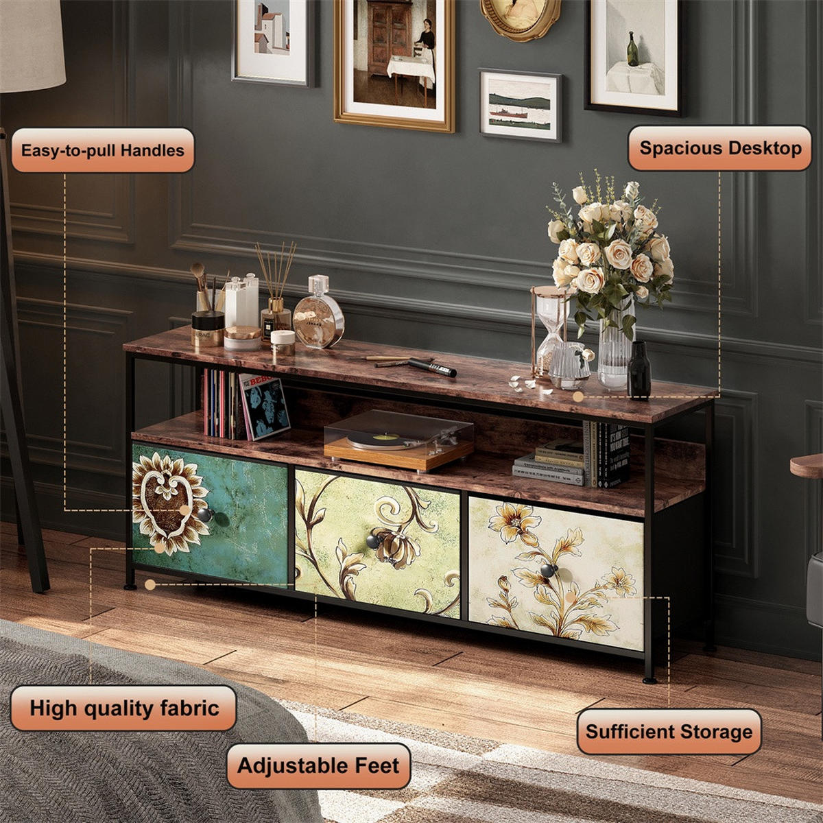 TV-LOWBOARD 137x29.8x57 cm - TV-Schrank mit LED-Beleuchtung und bunten Stoffschubladen - Mehrfarbig - Multicolor, Holzwerkstoff (29.8/57/137cm) - DELFA
