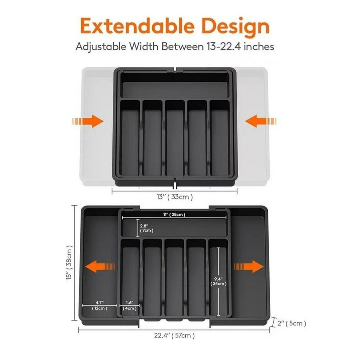 BESTECKORGANIZER,AUSZIEHBAR & verstellbar,Schwarz, PP-Material,(33–57)cm × 38 cm - Schwarz, Kunststoff (38/5/33cm) - Authentics
