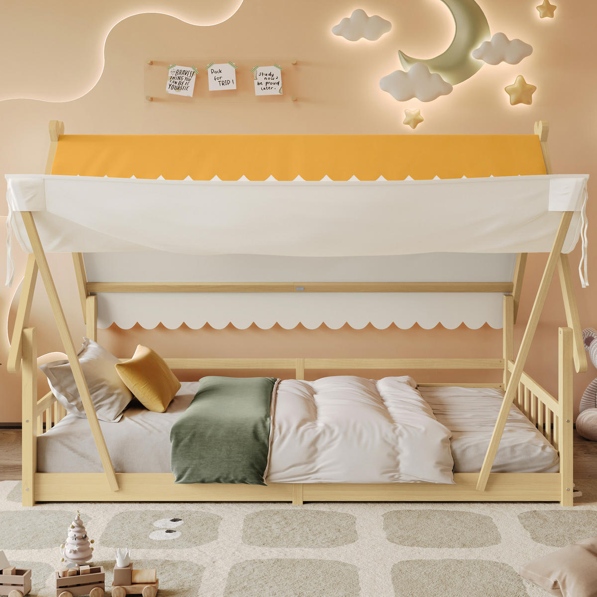 KINDERBETT 90/200 cm in Hausform mit Zelt und Sicherheitsgeländer - Weiß, Holz (90/200cm) - BEAOK