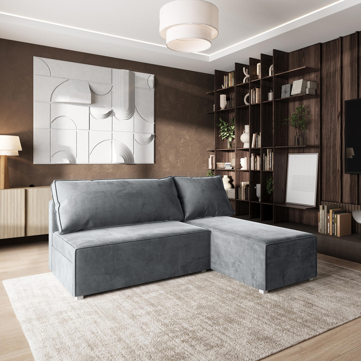 ROHOVÁ SEDAČKA BRISO světle šedá - šedá/světle šedá, dřevo/textil (200/140cm) - MASSENO