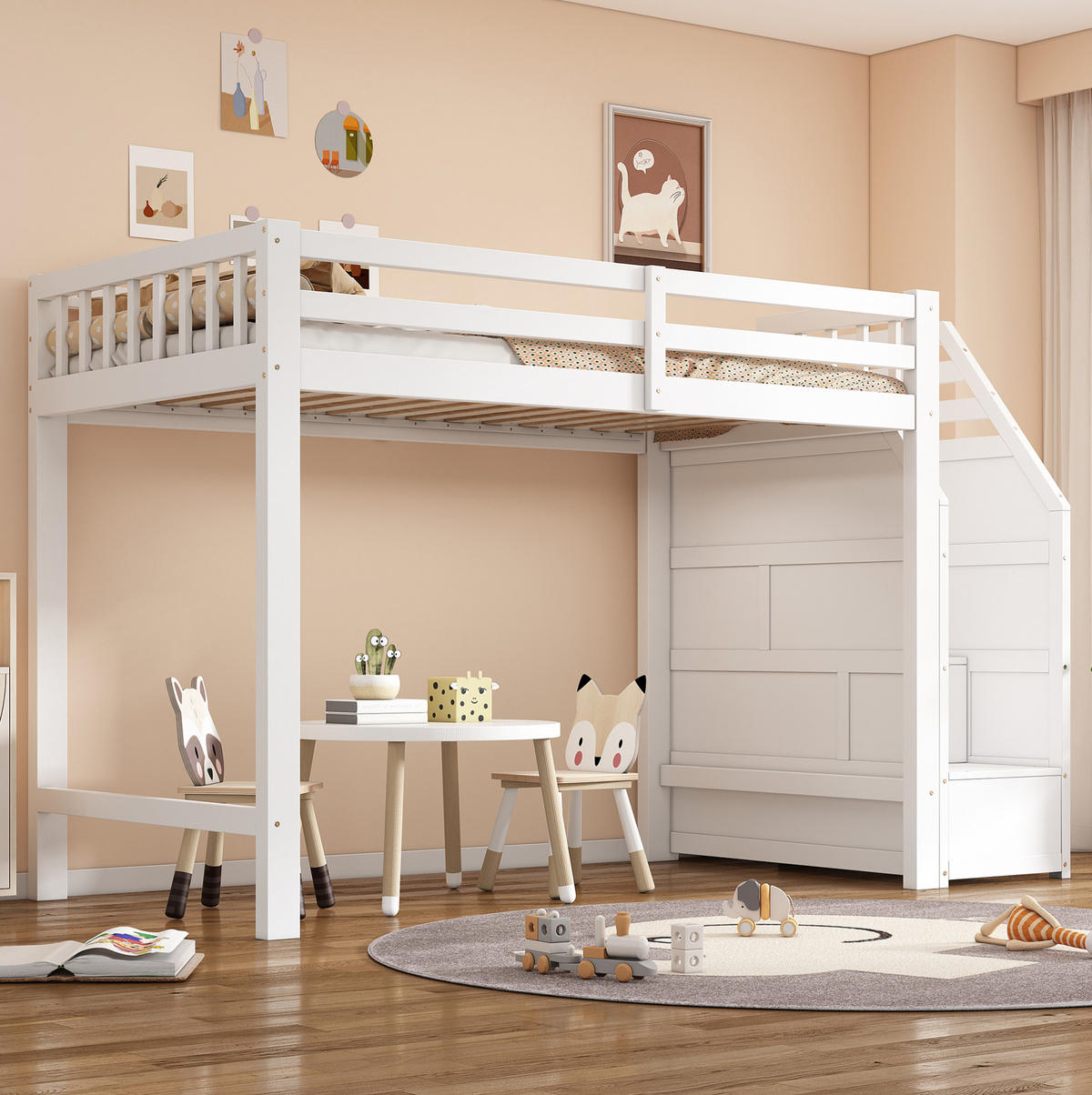 HOCHBETT 90/200 cm, Weiß mit Geländer und verstaubaren Stufen - Weiß, Holz (90/200cm) - MIVRAY