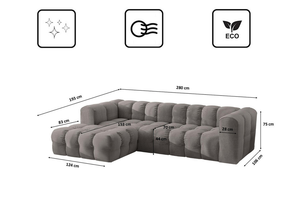 ECKSOFA L-form BALOO L, Chenille-Stoff Moly, Grau, Links - Grau, Holz (280/193cm) - Kaiser Möbel
