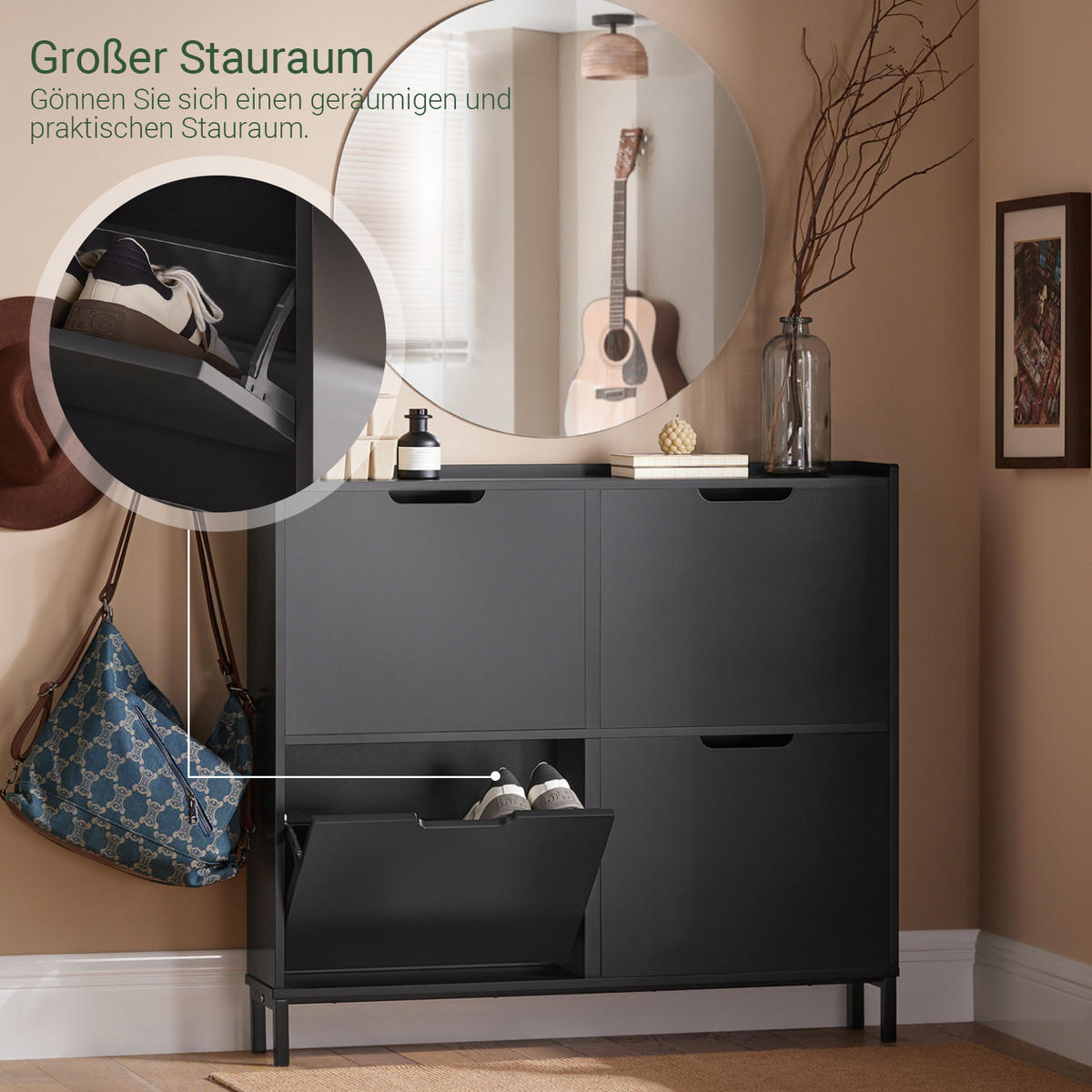 SCHUHKIPPER mit 4 Klappen, Schuhschrank schmal, 100x91x19cm Schwarz - Schwarz, Holzwerkstoff/Metall (100/91/19cm) - SoBuy