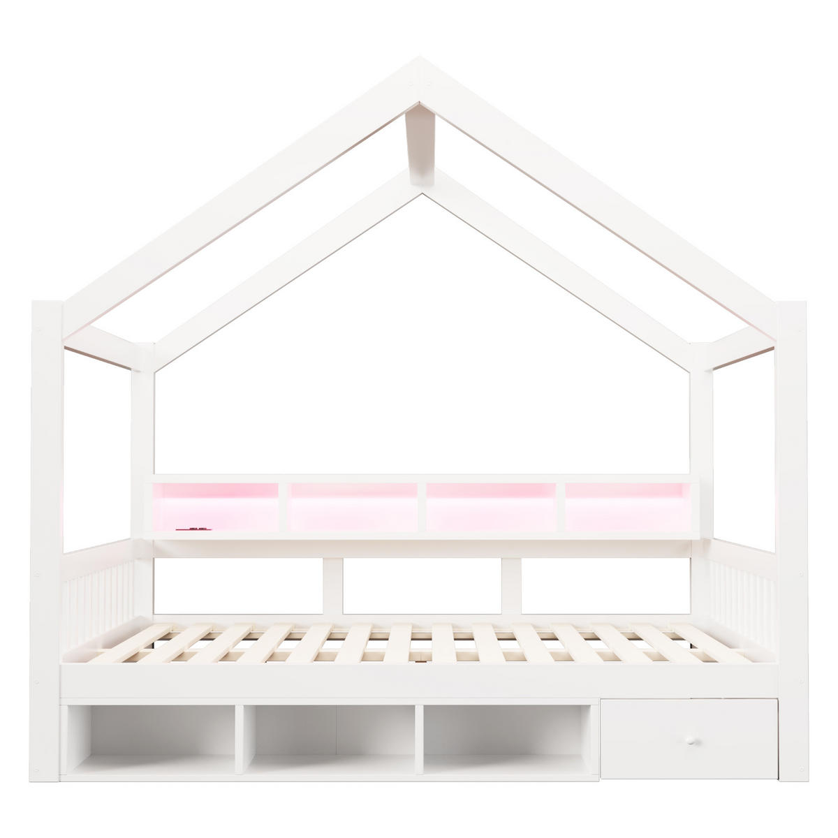 HAUSBETT 140/200 cm mit Dachrahmen, Stauraum und LED, DE-41651, in Weiß - Weiß, Holzwerkstoff (140/200cm) - ComfortXL