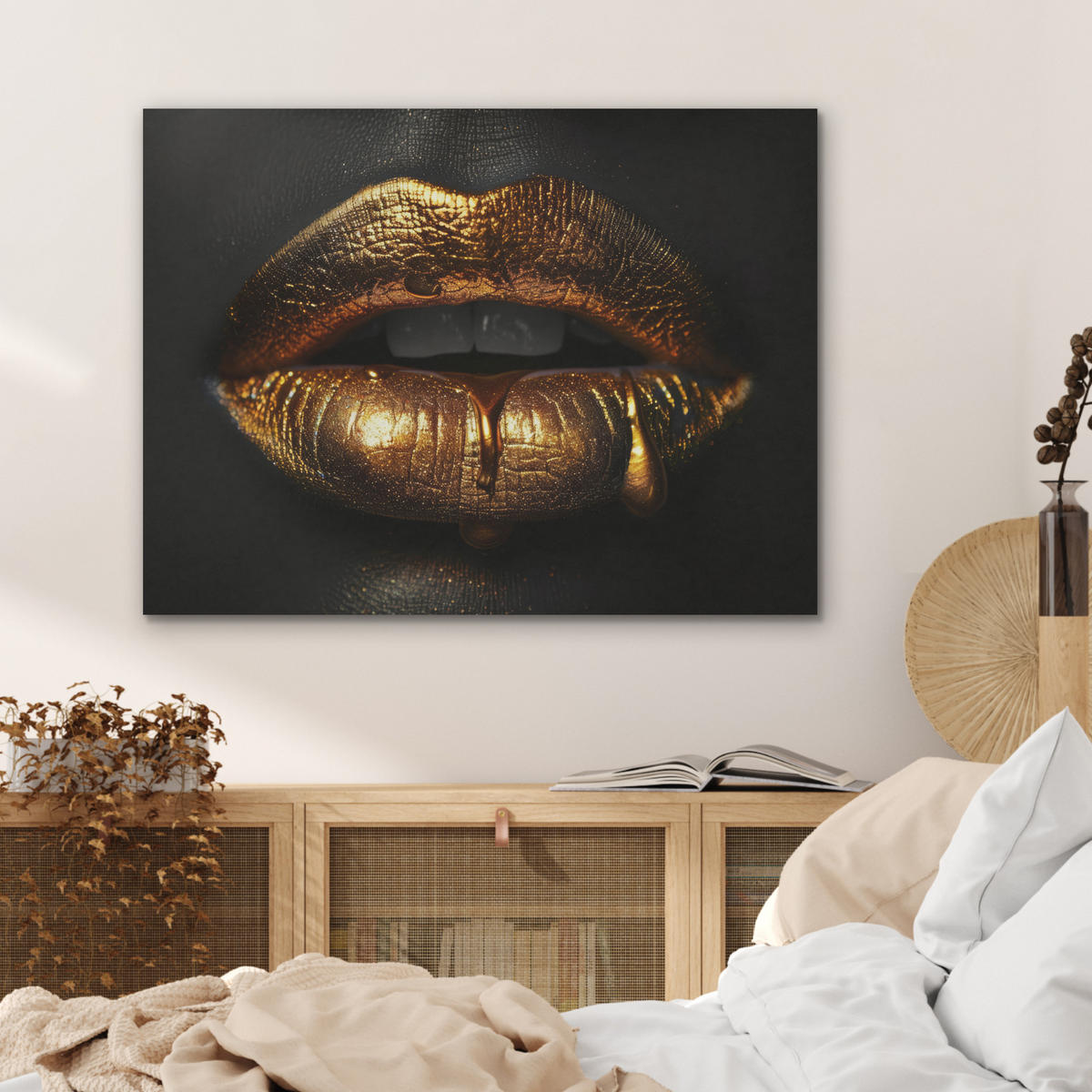AKUSTIKPANEEL Frau - Porträt - Lippen - Gold - Schwarz 80x60 cm - Schwarz, Textil (80/0.9/60cm) - MuchoWow