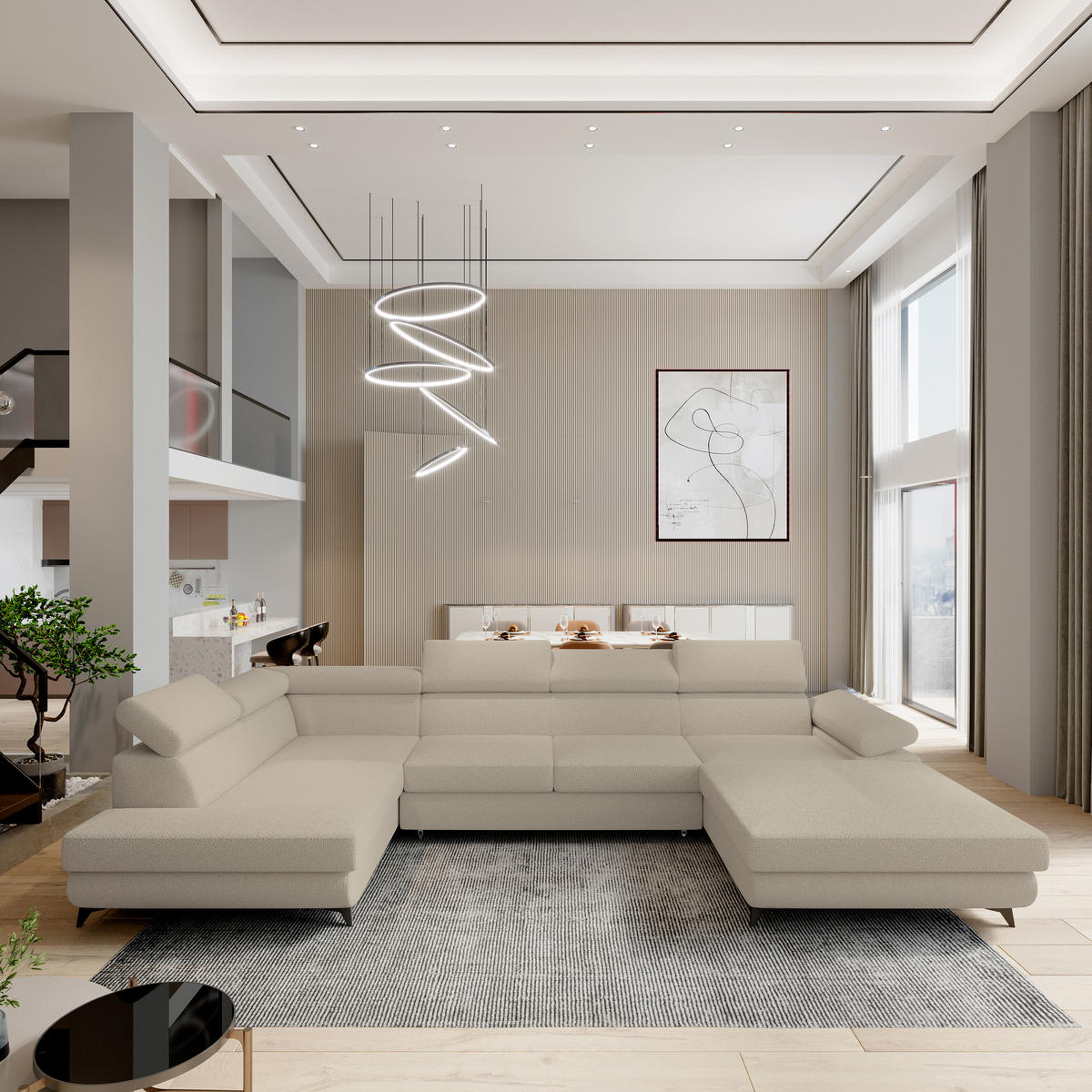 ROHOVÁ SEDAČKA RUBANO béžová - černá/béžová, kov/dřevo (339/190cm) - MASSENO