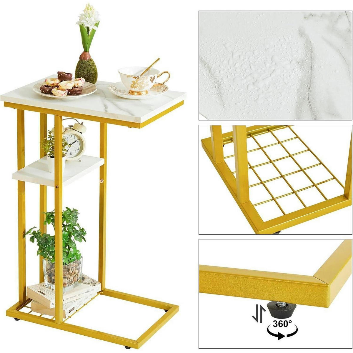 BEISTELLTISCH C-Form Marmormuster Weiß & Gold 40 x 26 x 61.5 cm - Multicolor, Metall (40/26/61.5cm)