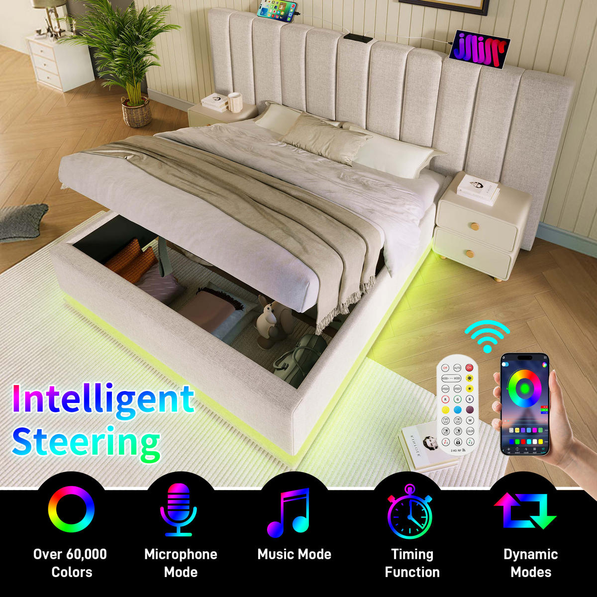 POLSTERBETT 180x200 Beige Leinen LED Stauraum Matratze - Beige, Naturmaterialien (180/200cm) - FLIEKS