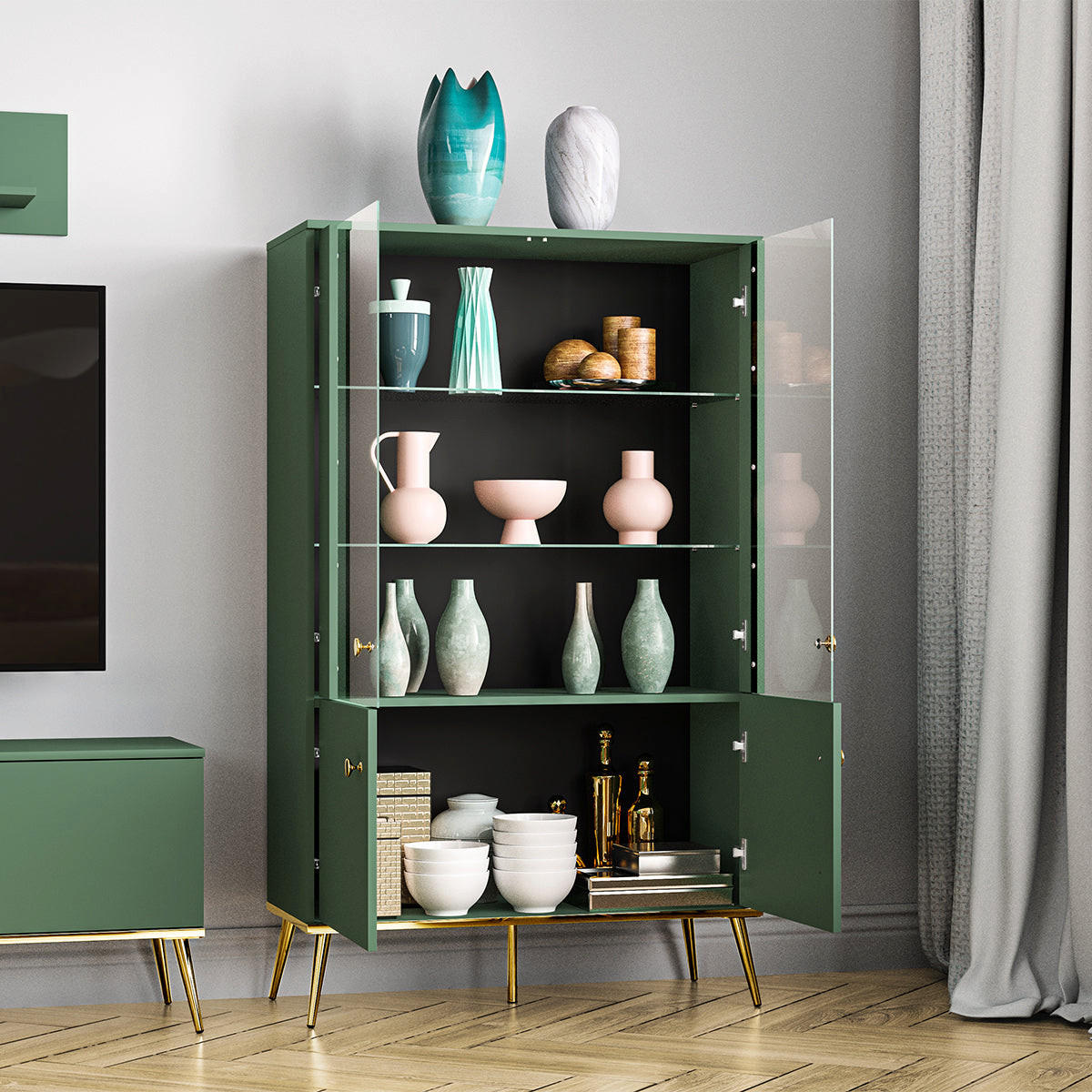 GESCHIRRSCHRANK Thalia Grün - Grün, Holzwerkstoff (92/152/40cm) - Petits-meubles