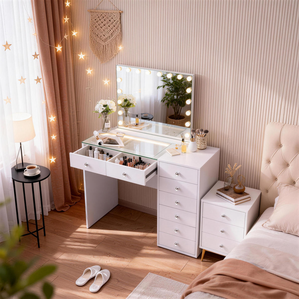 SCHMINKTISCH mit 8 Schubladen 120/55/81 CM und LED Beleuchtung Schminkspiegel Lichtleiste weiß 80/58 cm - Weiß, Holz (55/81/120cm) - VANITII