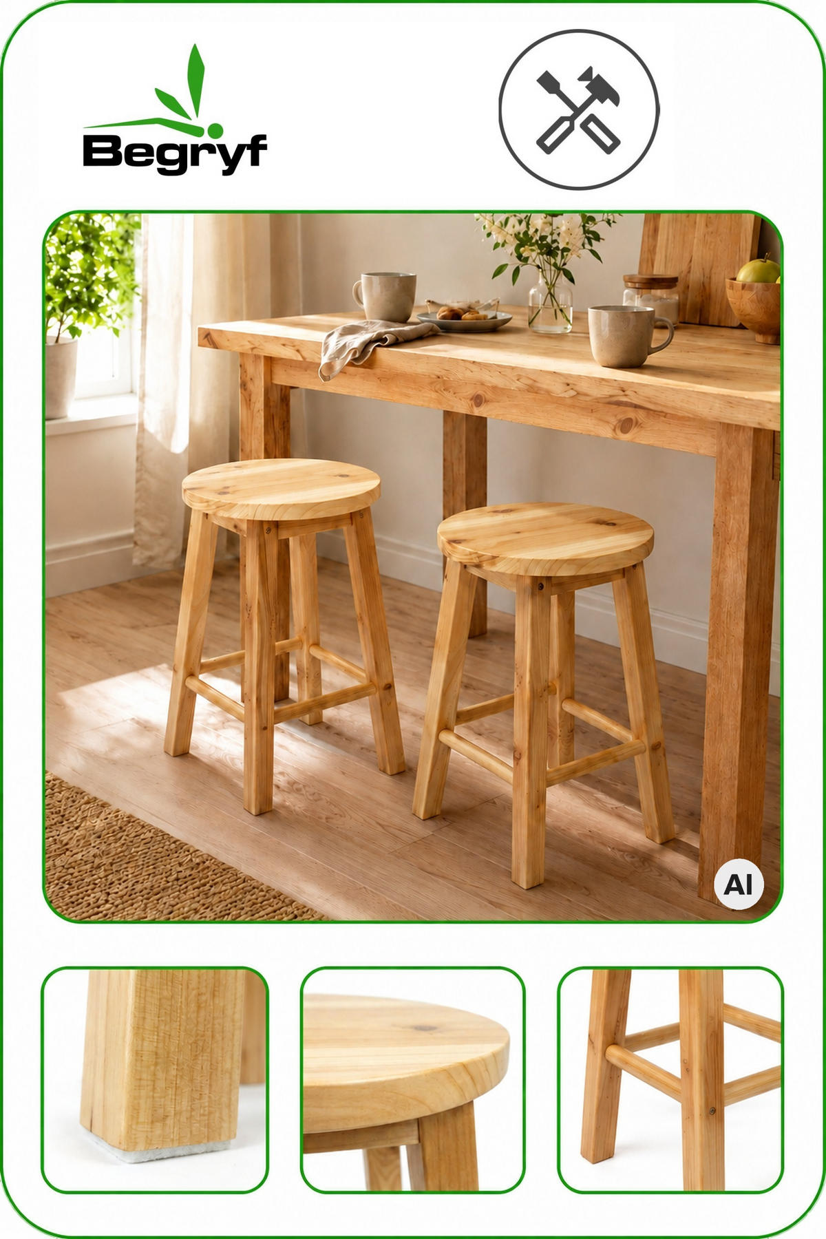 HOLZHOCKER Kiefer Natur 2-er Set 28 x 28 x 46 cm runde Sitzfläche - Naturfarben, Holz (28/46/28cm) - Begryf
