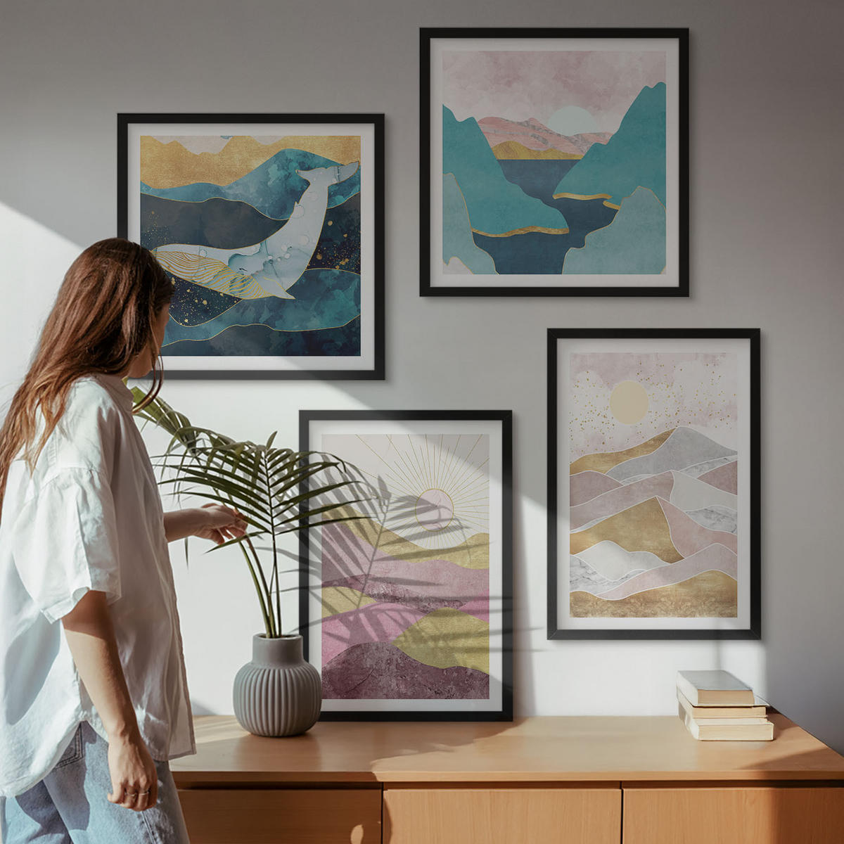 WANDBILDER 4er-Set - 50x50 cm & 40x60 cm Schwarzer Rahmen - Abstrakte Berge Sonne - Schwarz, Kunststoff (50/50cm) - ArtPrintCave