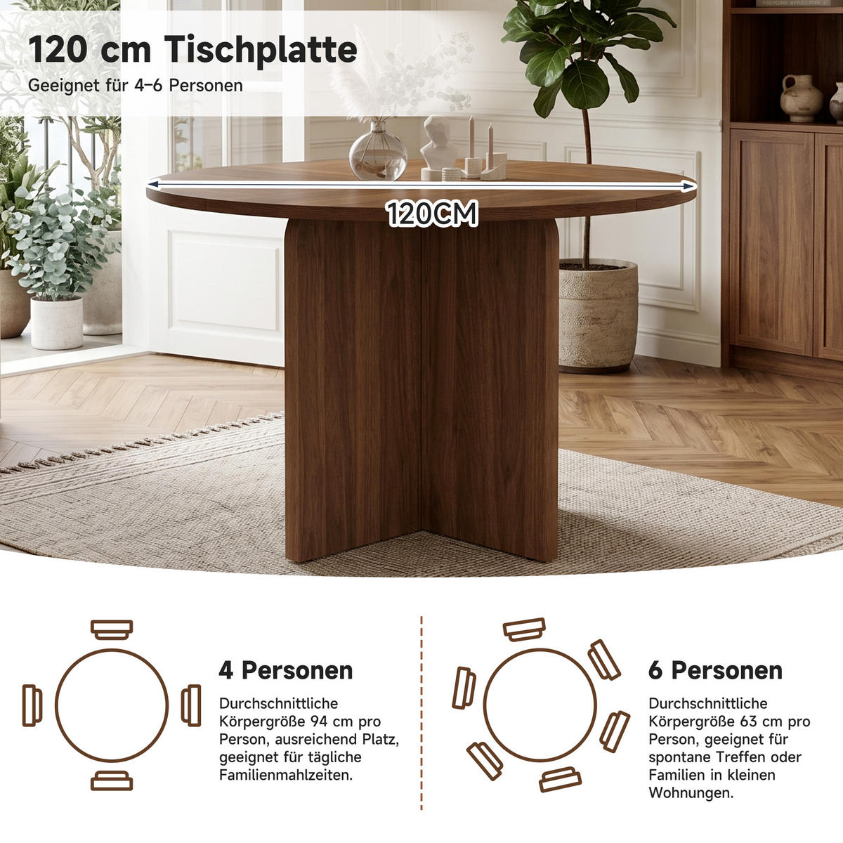 ESSTISCH Rund 120cm Walnuss Skandinavisch Modern - Walnussfarben, Holzwerkstoff (120/120/75cm) - FLIEKS
