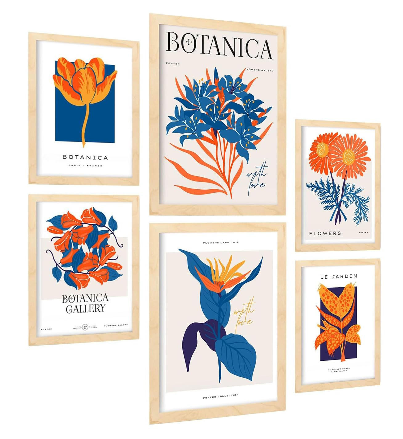 POSTER Set Mit 6 Blumen Orange Blütenblätter Natur Und Botanikdrucke Für Innenarchitektur A3 & A4 Rahmen Aus Hellem Holz - Beige, Papier (29/3cm) - Nacnic