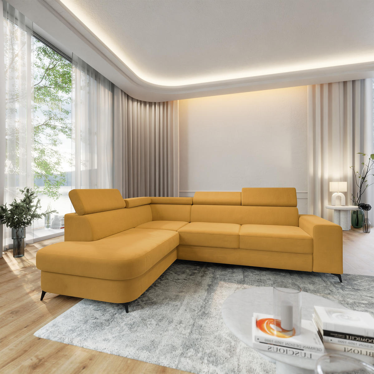 ECKSOFA ALVORO L-S Gelb Velours-Stoff mit Schlaffunktion - Gelb, Holz (253/190cm) - MASSENO