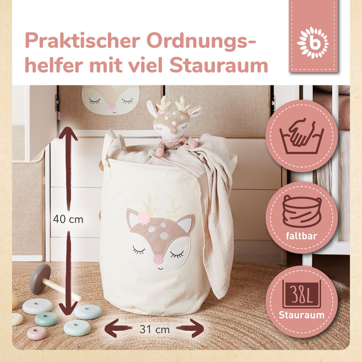 WÄSCHEKORB Spielzeugkorb Reh - Beige, Textil (31/31cm) - Bieco Spielwaren