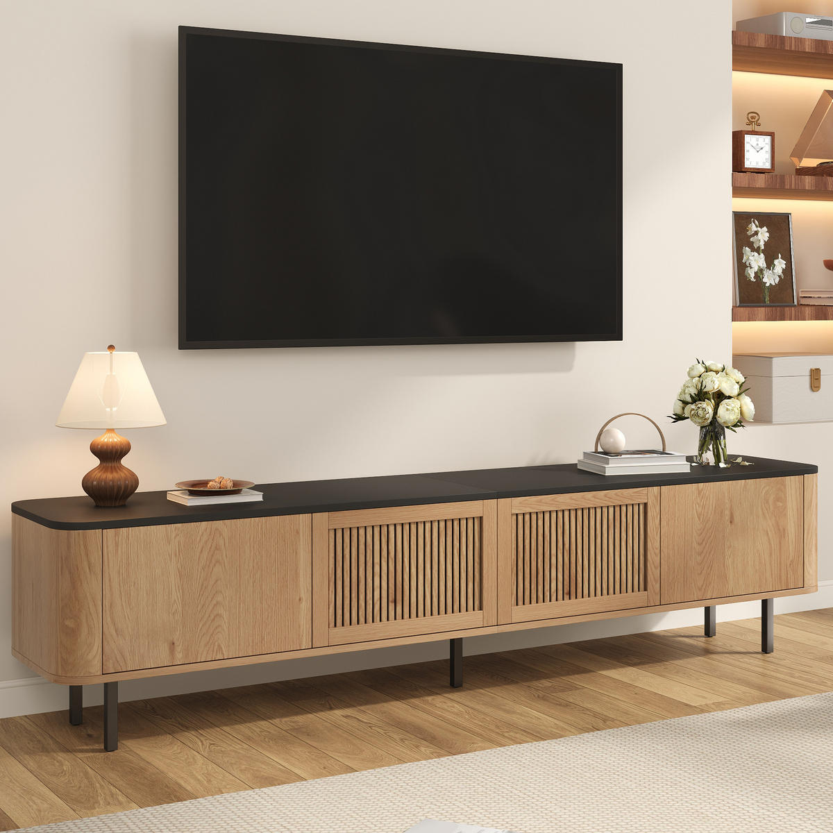 TV-LOWBOARD 190 x 35 x 45 cm, Türen in Rattanoptik, Stauraum, Metallfüße, Natur - Naturfarben, Holzwerkstoff (190/45/35cm)