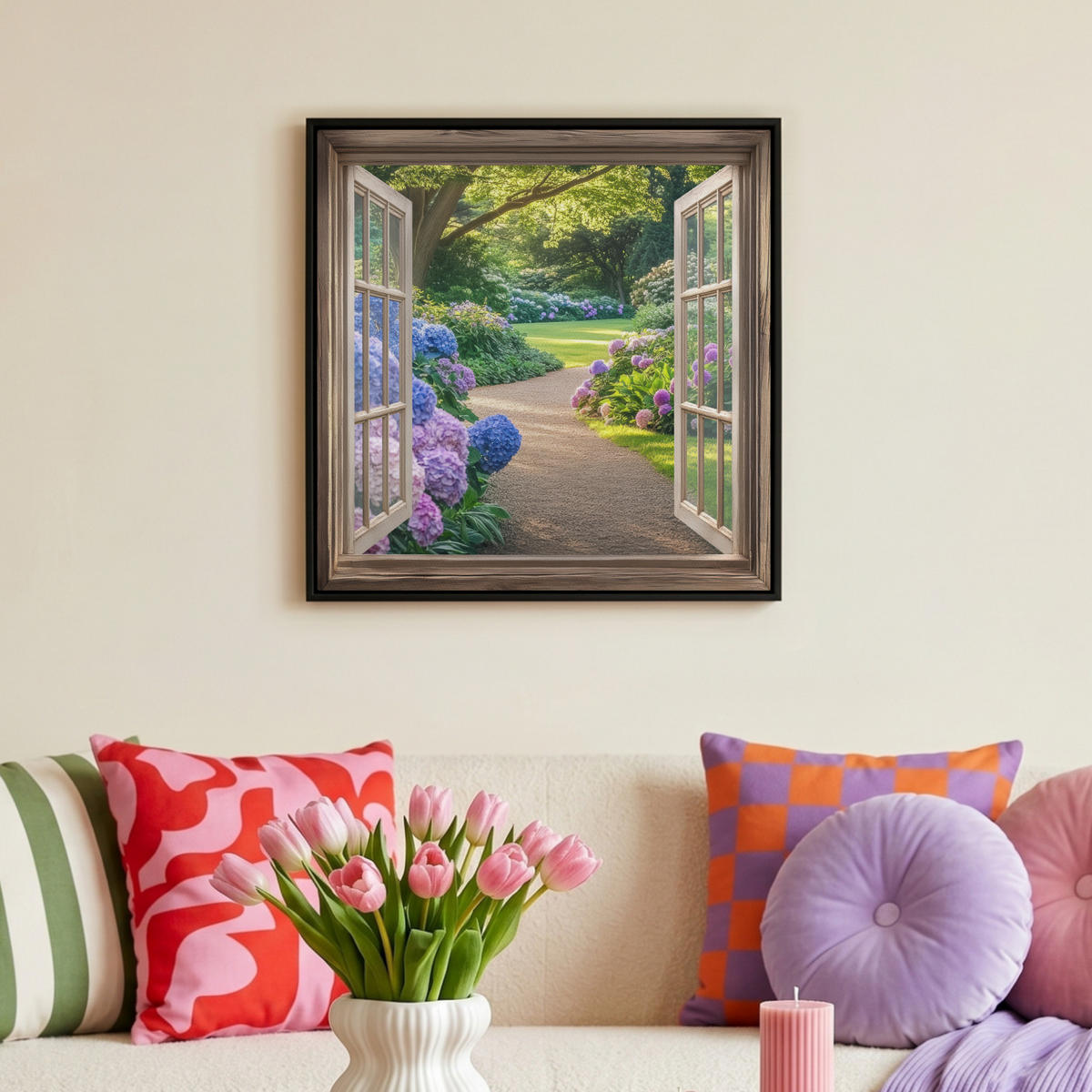 LEINWAND Bilder mit Rahmen - Aussicht - Garten - Fenster - Hortensie - Blumen - 50x50 - Pastellblau, Textil (50/50cm) - MuchoWow
