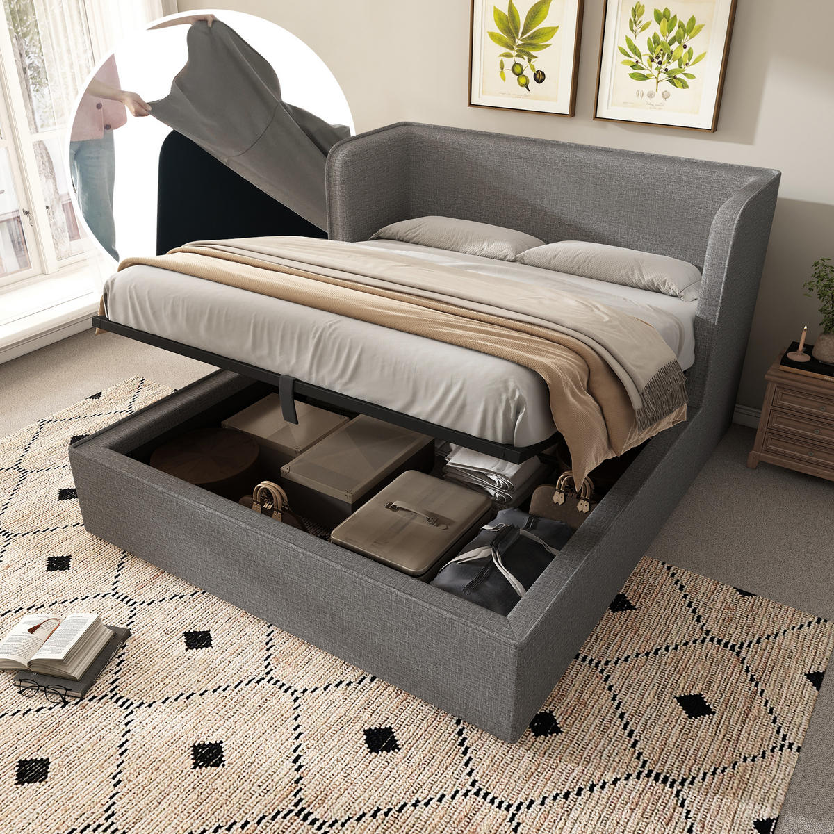 POLSTERBETT 160/200 cm Grau mit Hydraulik-Stauraum und abnehmbarer Leinenbezug - Grau, Textil (160/200cm) - OKWISH