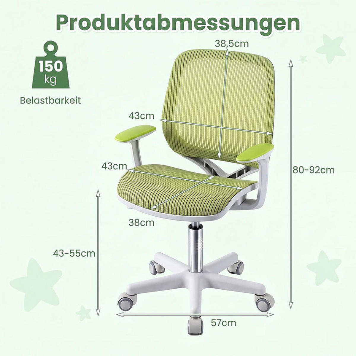 KINDER‑BÜROSTUHL höhenverstellbar grün - Grün, Kunststoff (57/80/57cm) - COSTWAY