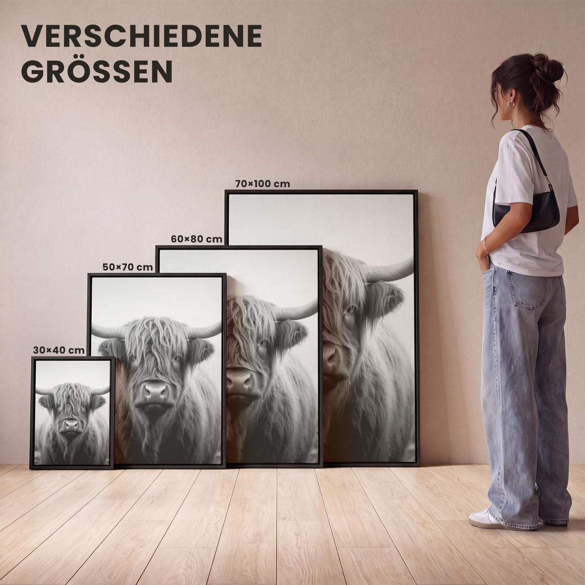 LEINWAND Bilder mit Rahmen - Schottischer Highlander - Nebel - Schwarz - Weiß - 30x40 - Grau, Textil (30/40cm) - MuchoWow