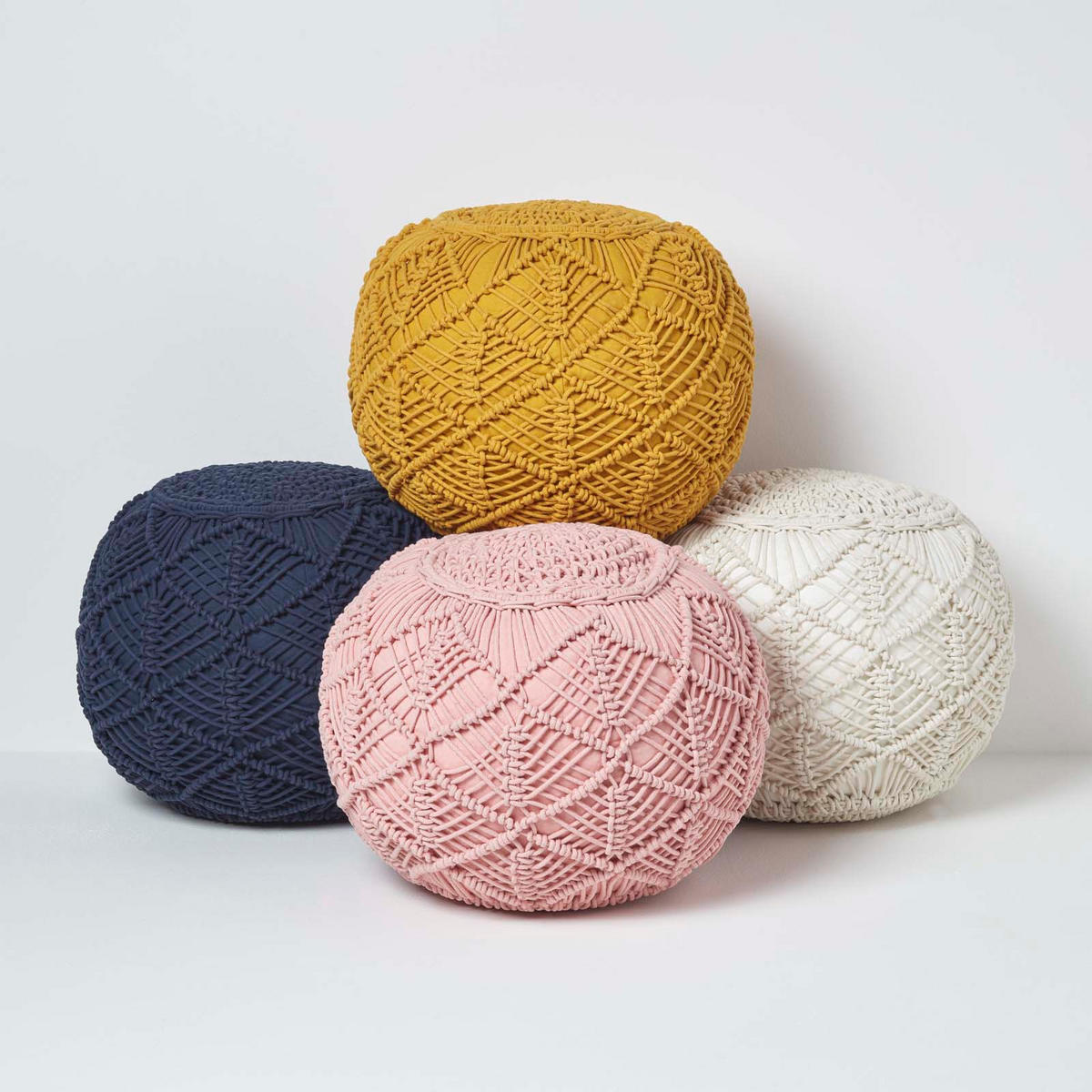 POUF creme im Makramee-Stil, 40/40/35 cm - Creme, Textil (40/35/40cm) - Homescapes