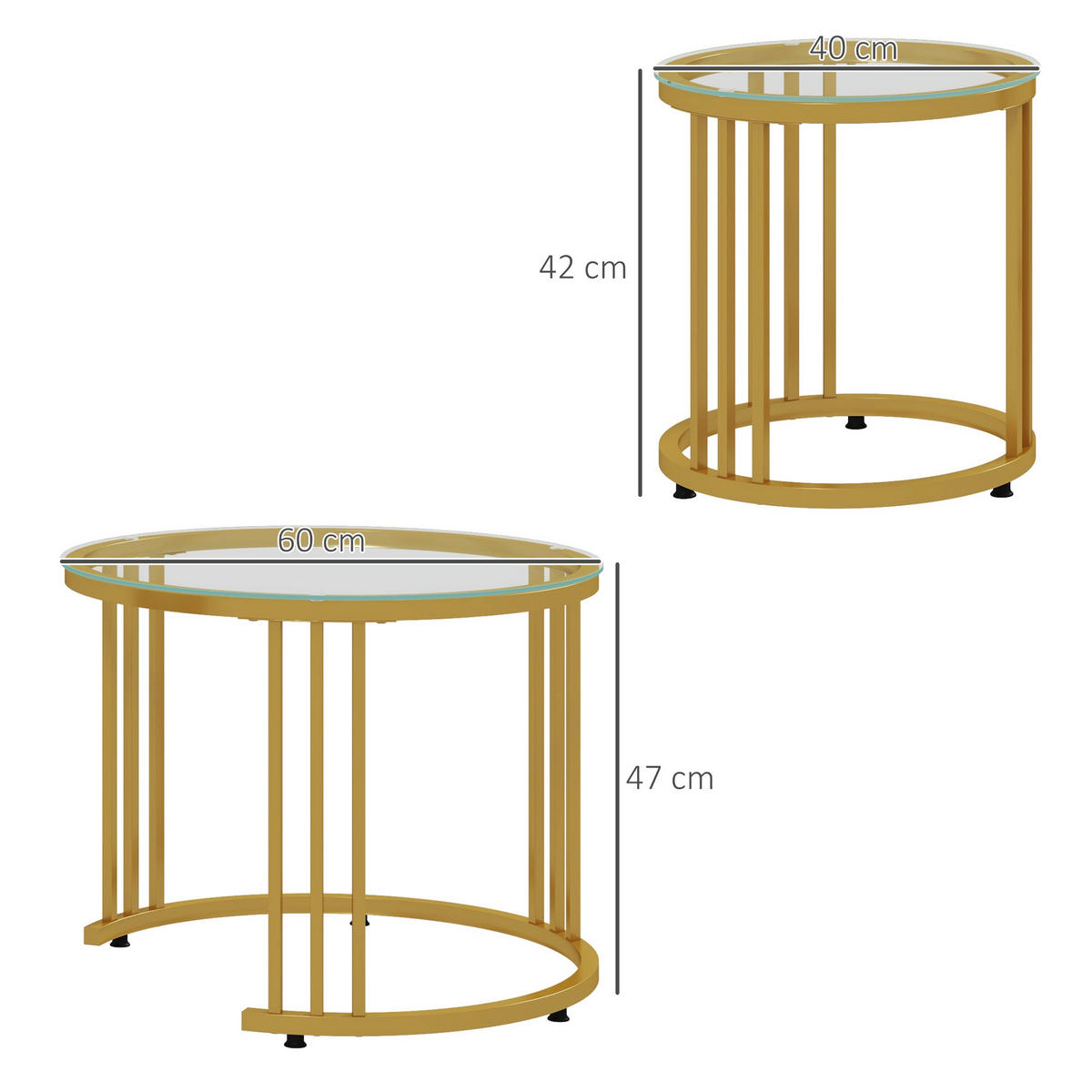 COUCHTISCH 2er-Set, Stapelbar Beistelltisch mit Stahlgestell, Kaffeetisch, Gold - Goldfarben, Metall (60/60/47cm) - HOMCOM