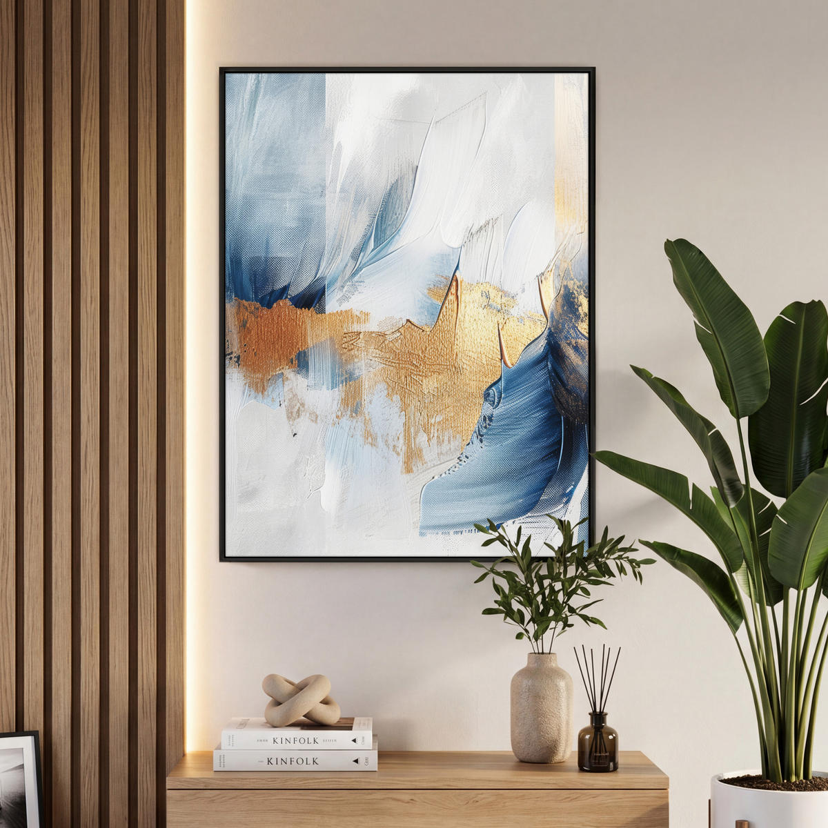 LEINWAND Bilder mit Rahmen - Gold - Blau - Aquarell - Kunst - Modern - 70x100 - Hellblau, Textil (70/100cm) - MuchoWow