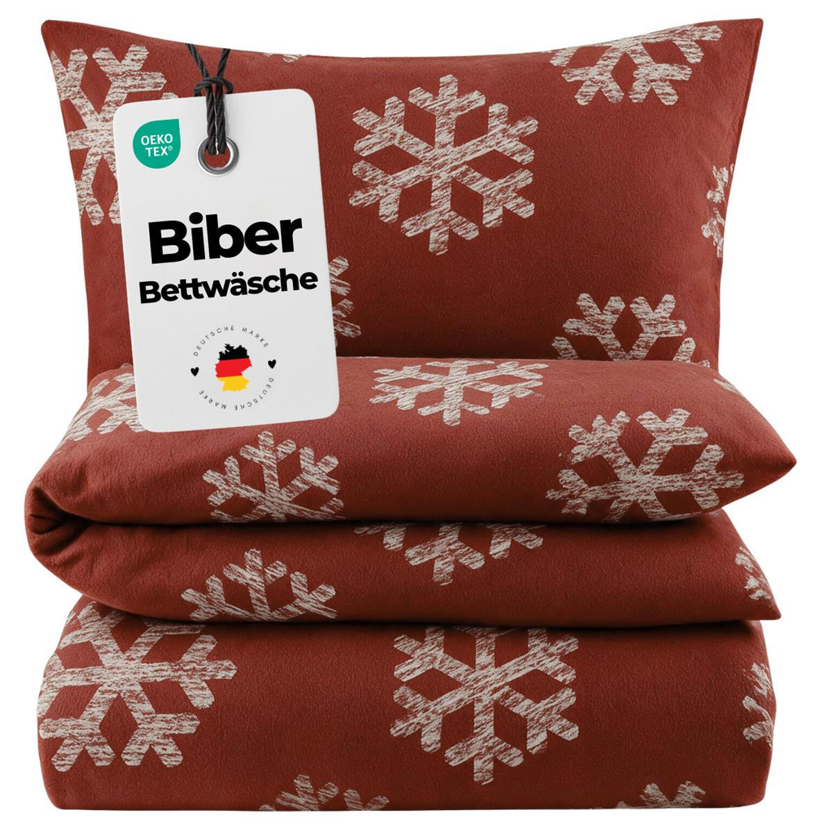 BIBER-BETTWÄSCHE 155x220 - Kuschelig warmer Flanell Bettbezug aus 100% Baumwolle für Herbst & Winter - Schneeflocke - Rot, Textil (155/220cm) - Carpe Sonno