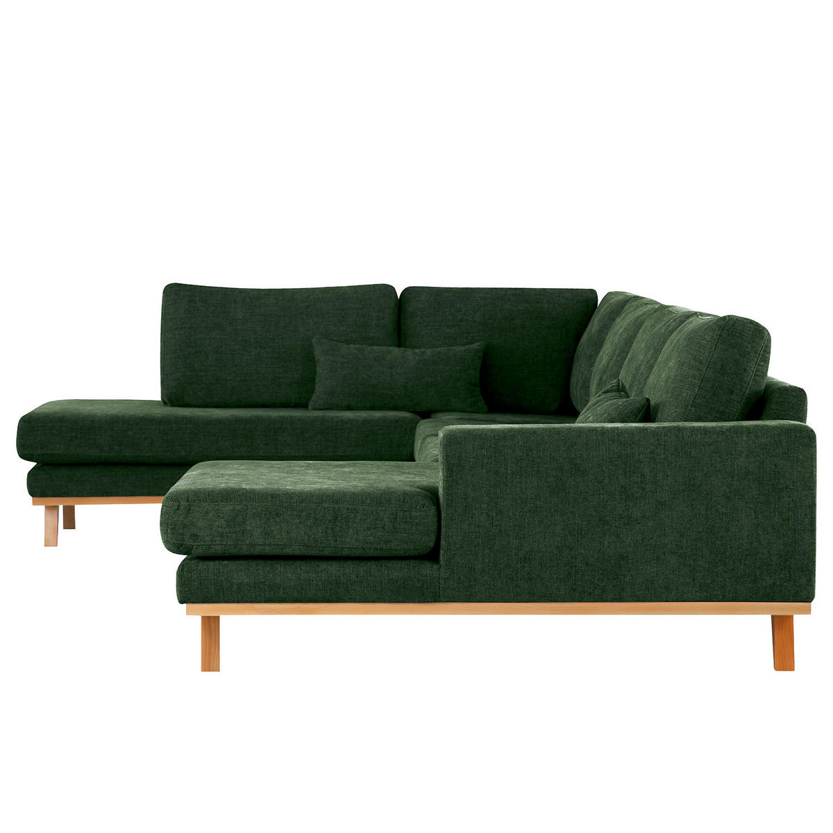 WOHNLANDSCHAFT mit Longchair - Dunkelgrün/Buchefarben, Buchenholz/Textil (371/81/219cm) - home24