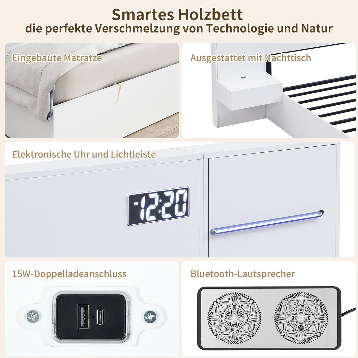 MANŽELSKÁ posteľ 180/200 cm biela z MDF s Bluetooth reproduktormi, USB a svetelným pásom - biela, kompozitné drevo (180/200cm) - OKWISH