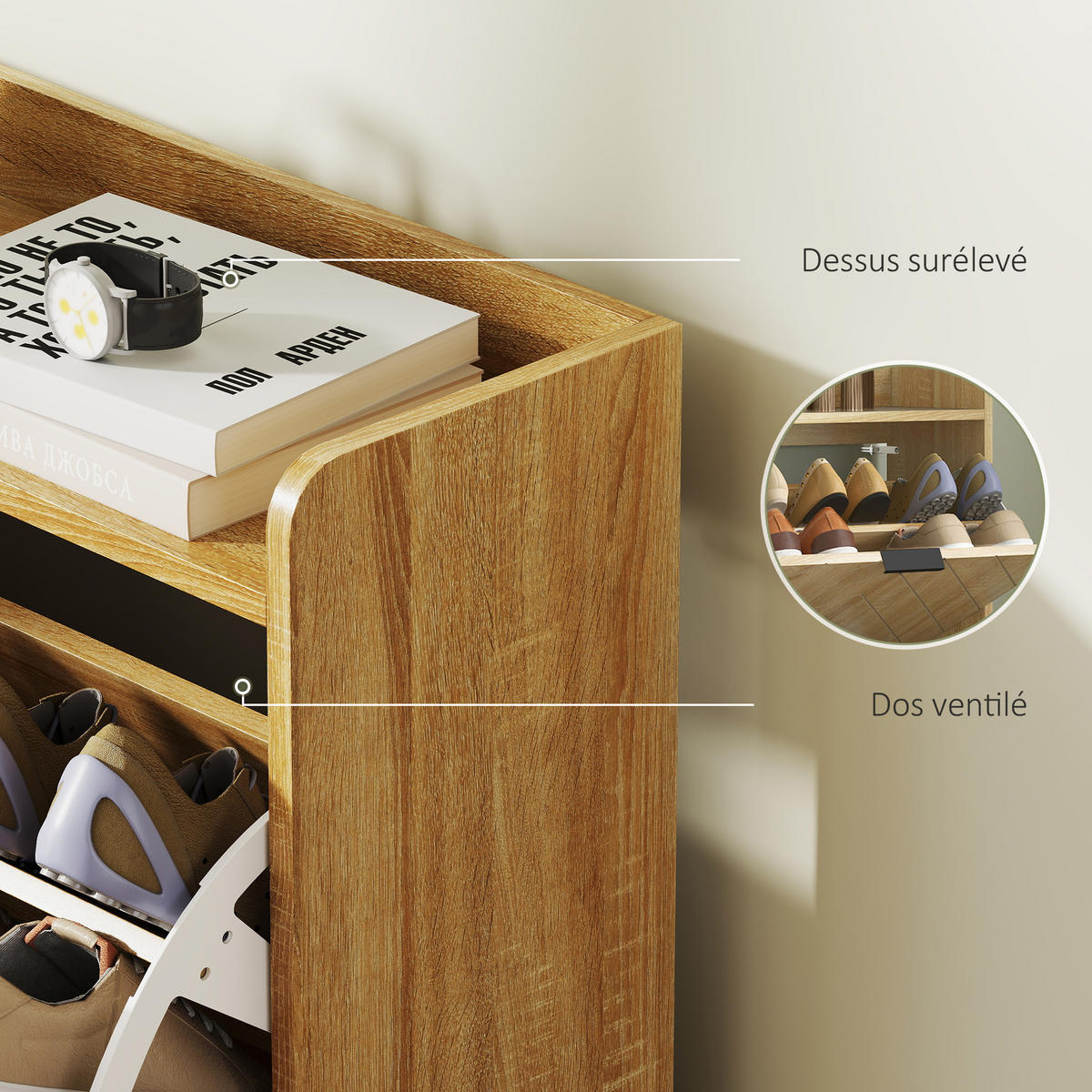 SCHUHSCHRANK Eichefarben Holzwerkstoff mit 4 Klappen platzsparend 1 Stück - Naturfarben, Holzwerkstoff (110/95.5/23.5cm) - PANGIVO