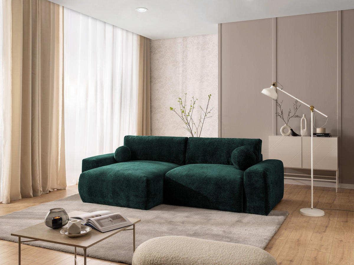 ECKSOFA Puffy mit Schlaffunktion und Bettkasten - besonders weich und puffig aus Grün Stoff mit Chenillestruktur - Ottomane links - Schwarz/Grün, Holz/Kunststoff (138/266cm) - S-Style Möbel